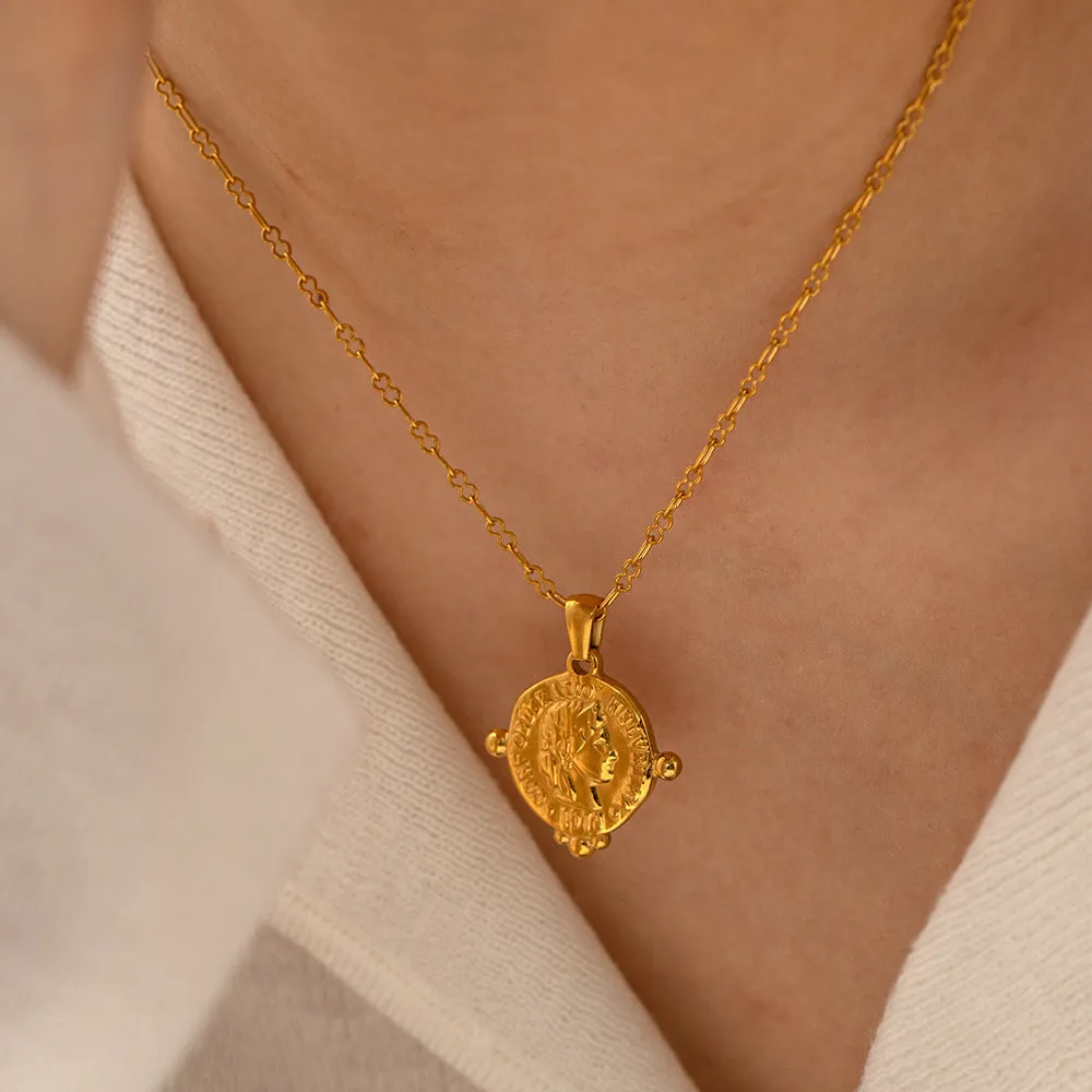 18K Gold Exquisite Fashion Embossed Goddess Coin Tag Design Necklace