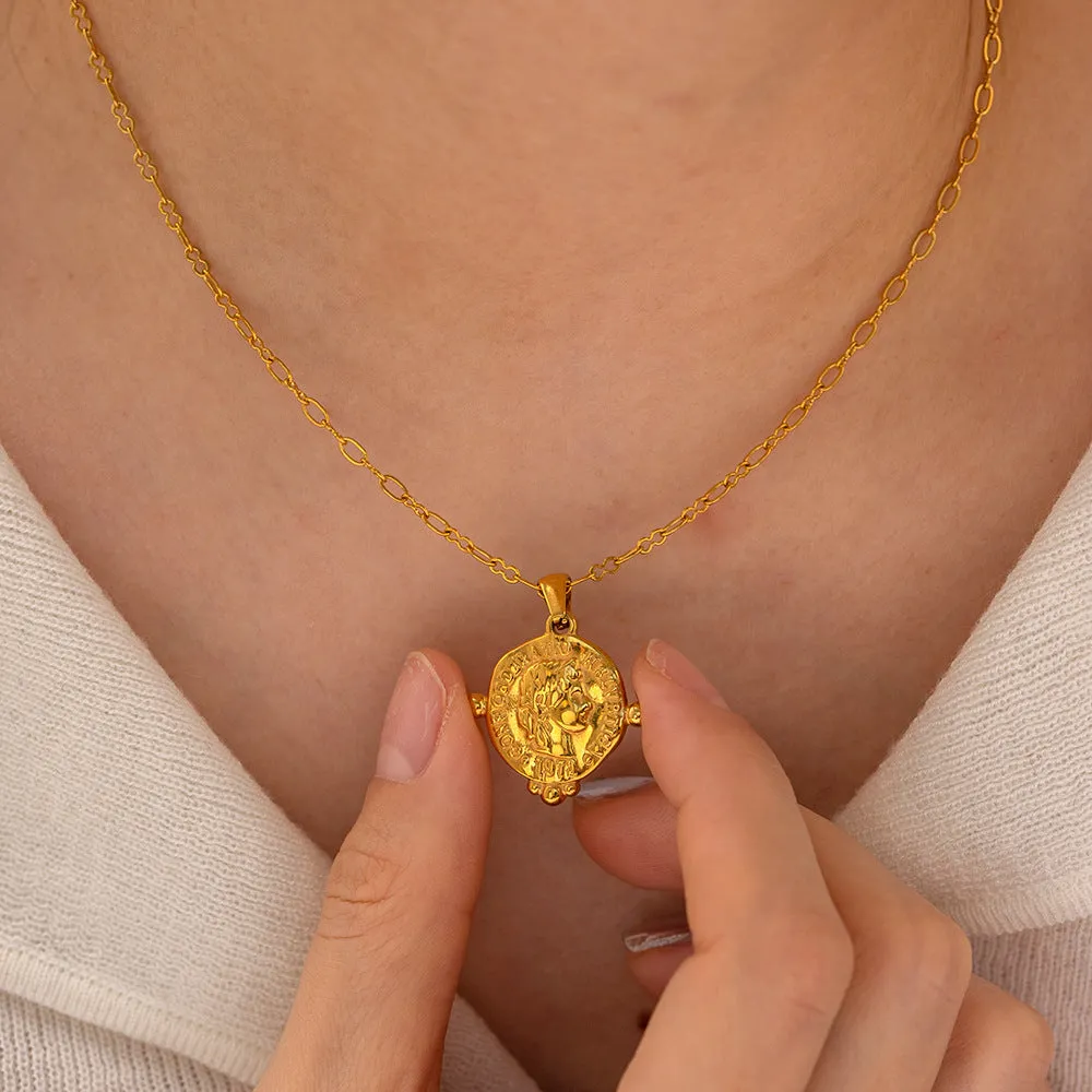 18K Gold Exquisite Fashion Embossed Goddess Coin Tag Design Necklace