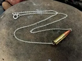 22 Caliber Bullet Casing Choker Necklace, Sterling Silver Chain, Brass Bullet