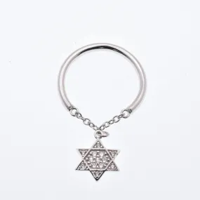 925 Sterling Silver Nickel Free Rhodium Plated Half Ring Chain Dangling Star of David Clear CZ Ring - STR01013
