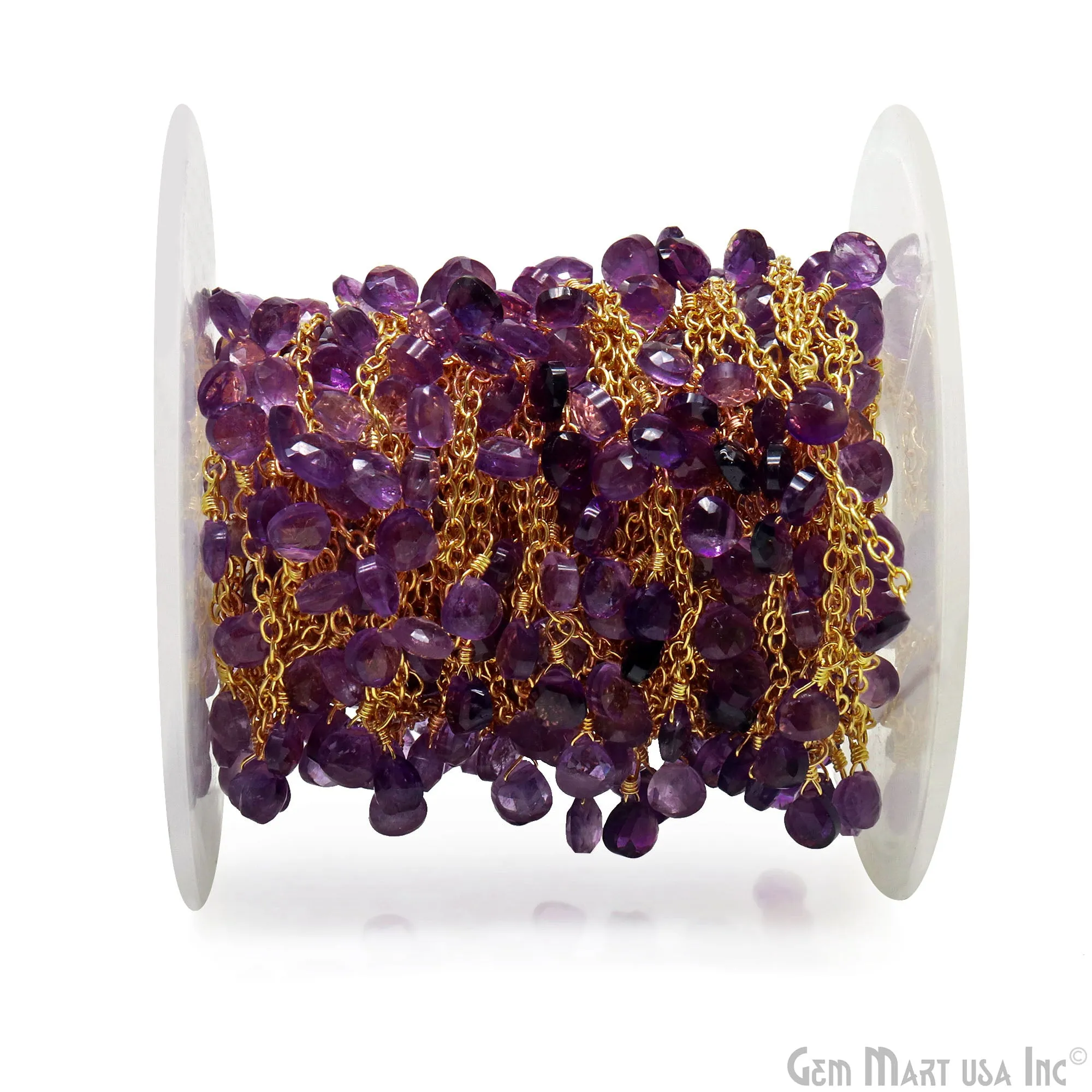 Amethyst Heart 5mm Gold Wire Wrapped Dangle Rosary Chain