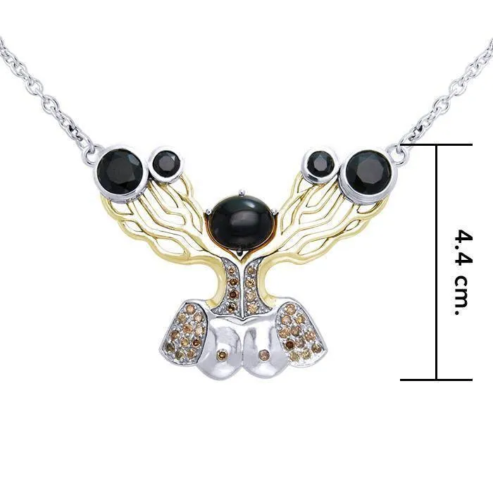 An impressive reminder of Dali’s art ~ fine Sterling Silver Necklace in 18k Gold overlay accented with Brown Diamonds and Black Spinel MNC137