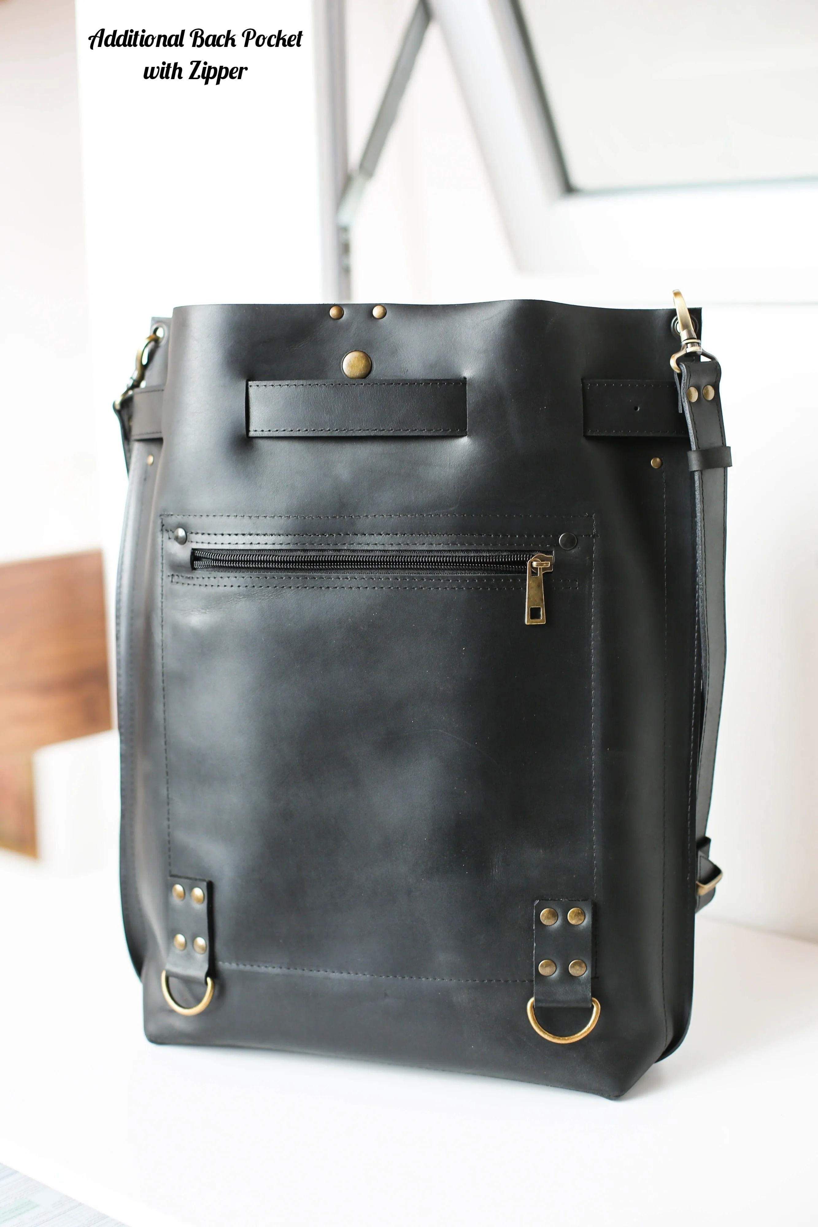 Black Large Leather Backpack w/Front Pocket