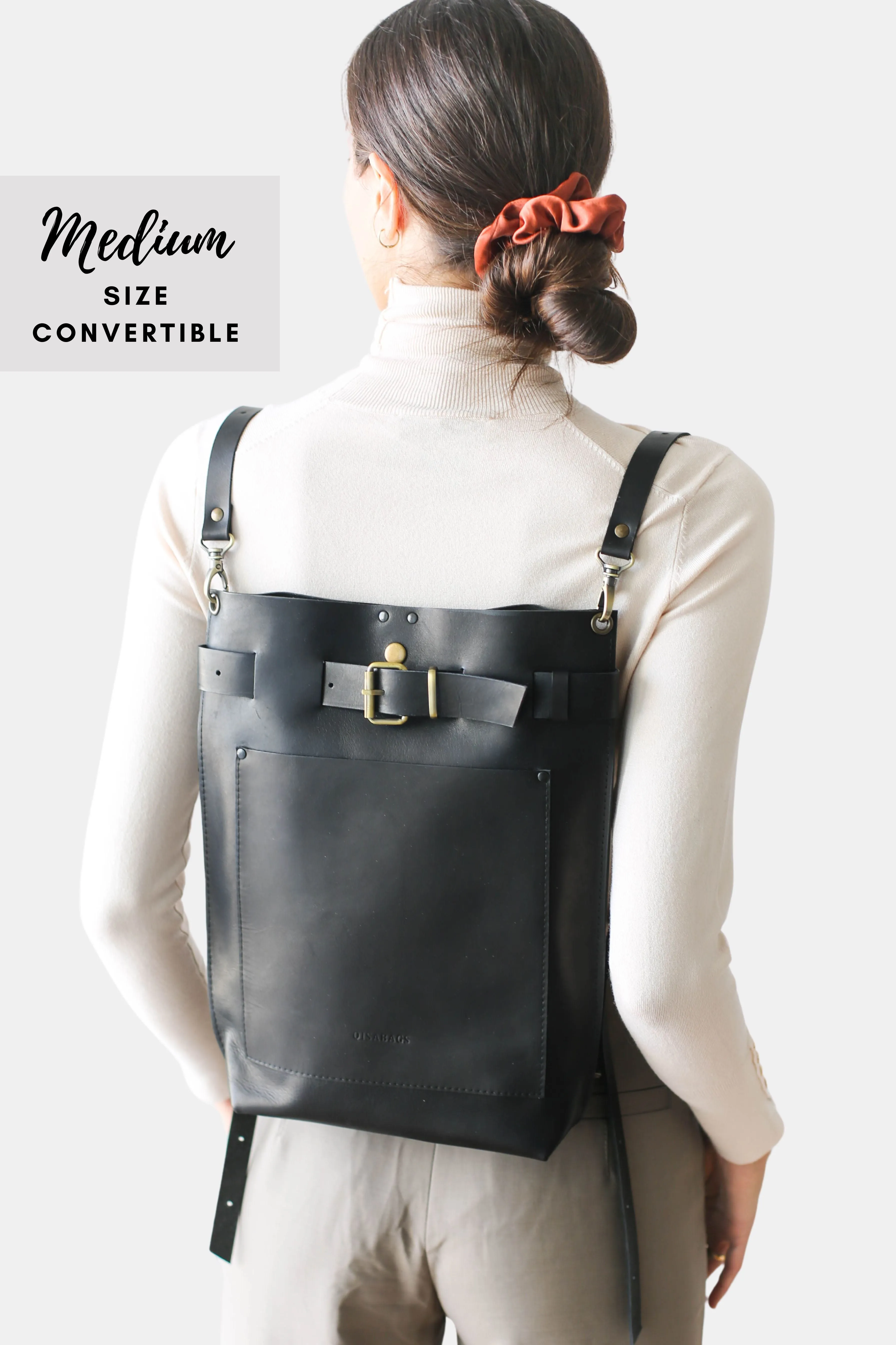 Black Large Leather Backpack w/Front Pocket