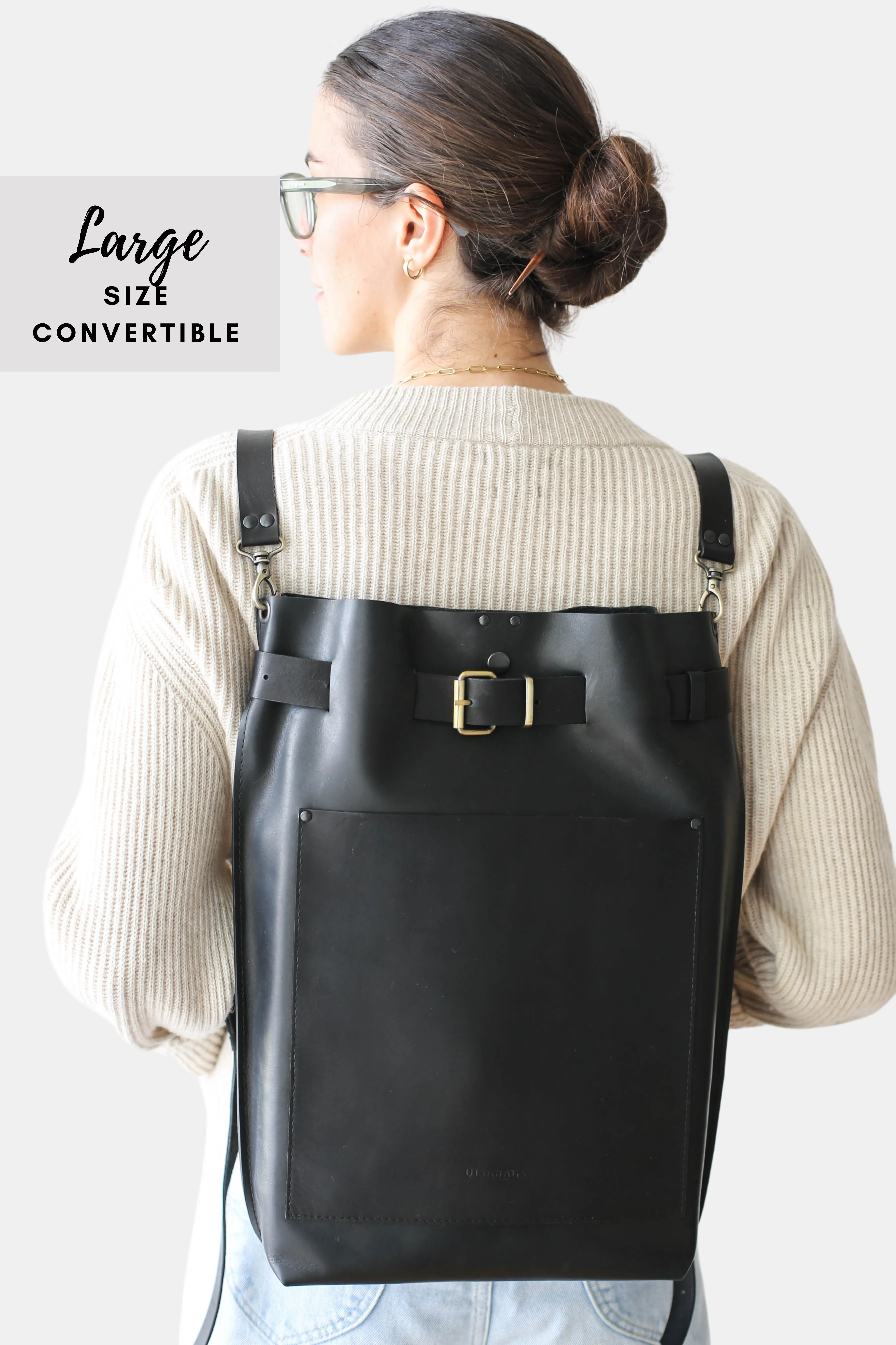 Black Large Leather Backpack w/Front Pocket