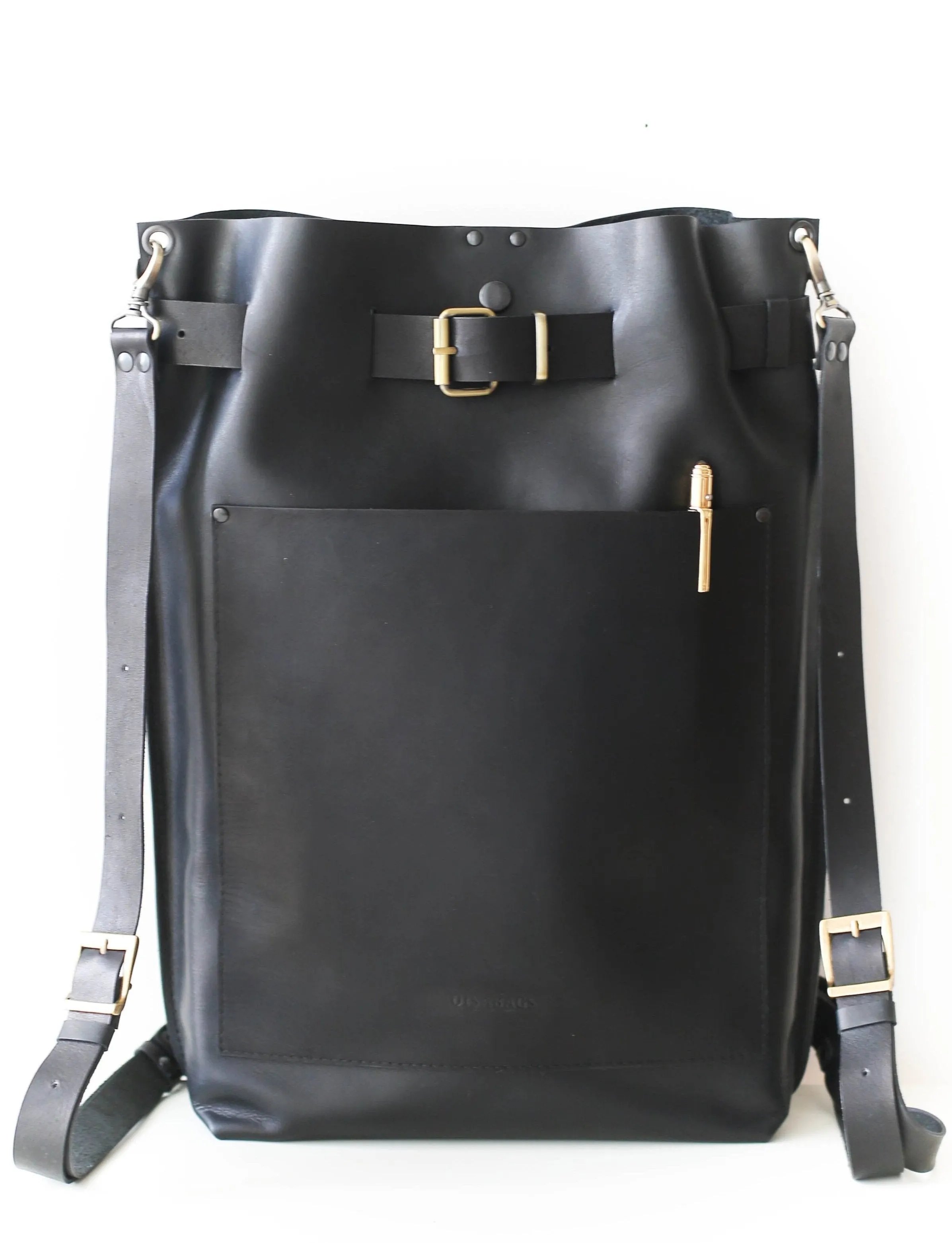 Black Large Leather Backpack w/Front Pocket