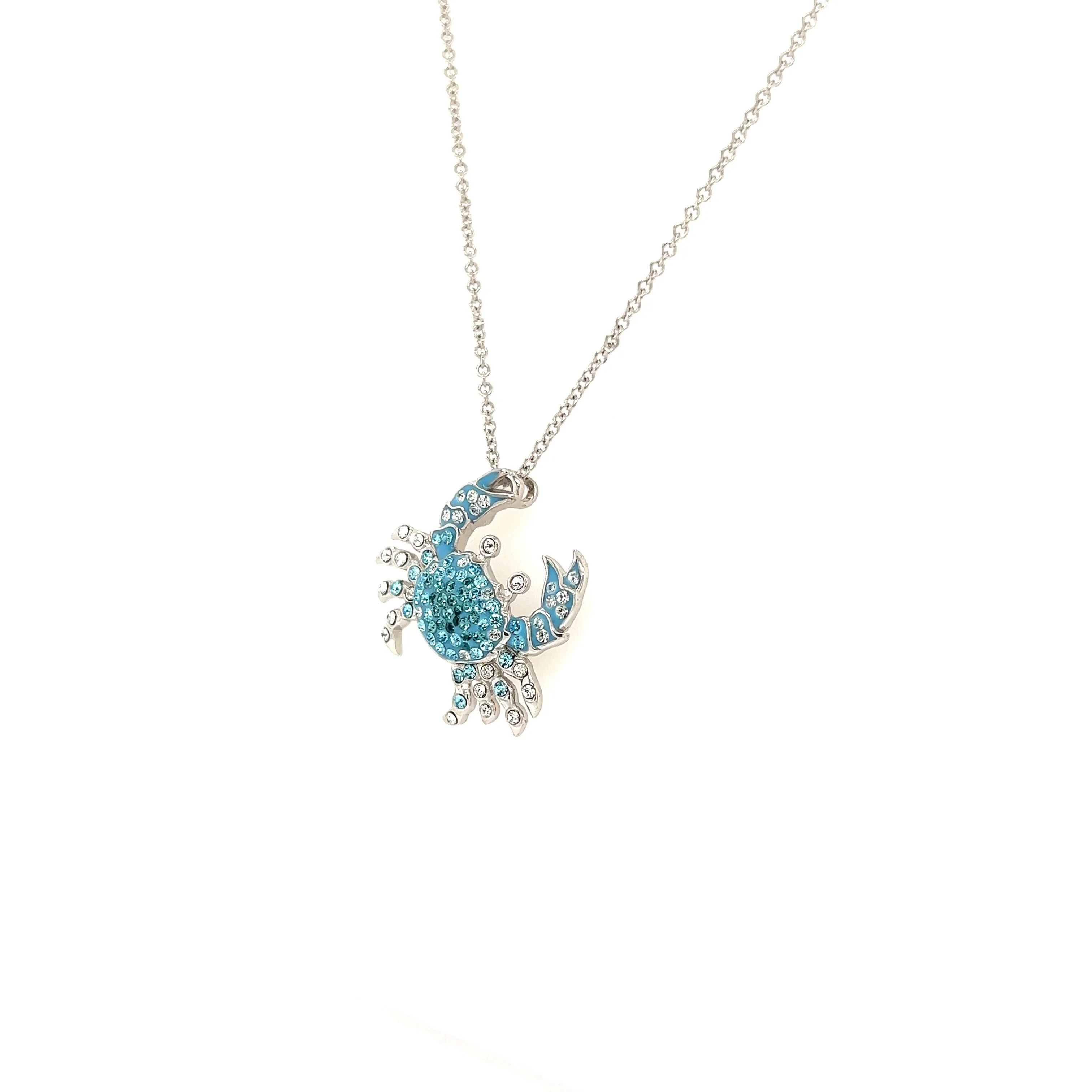 Blue Crab Necklace with Aqua and White Crystals in Sterling Silver