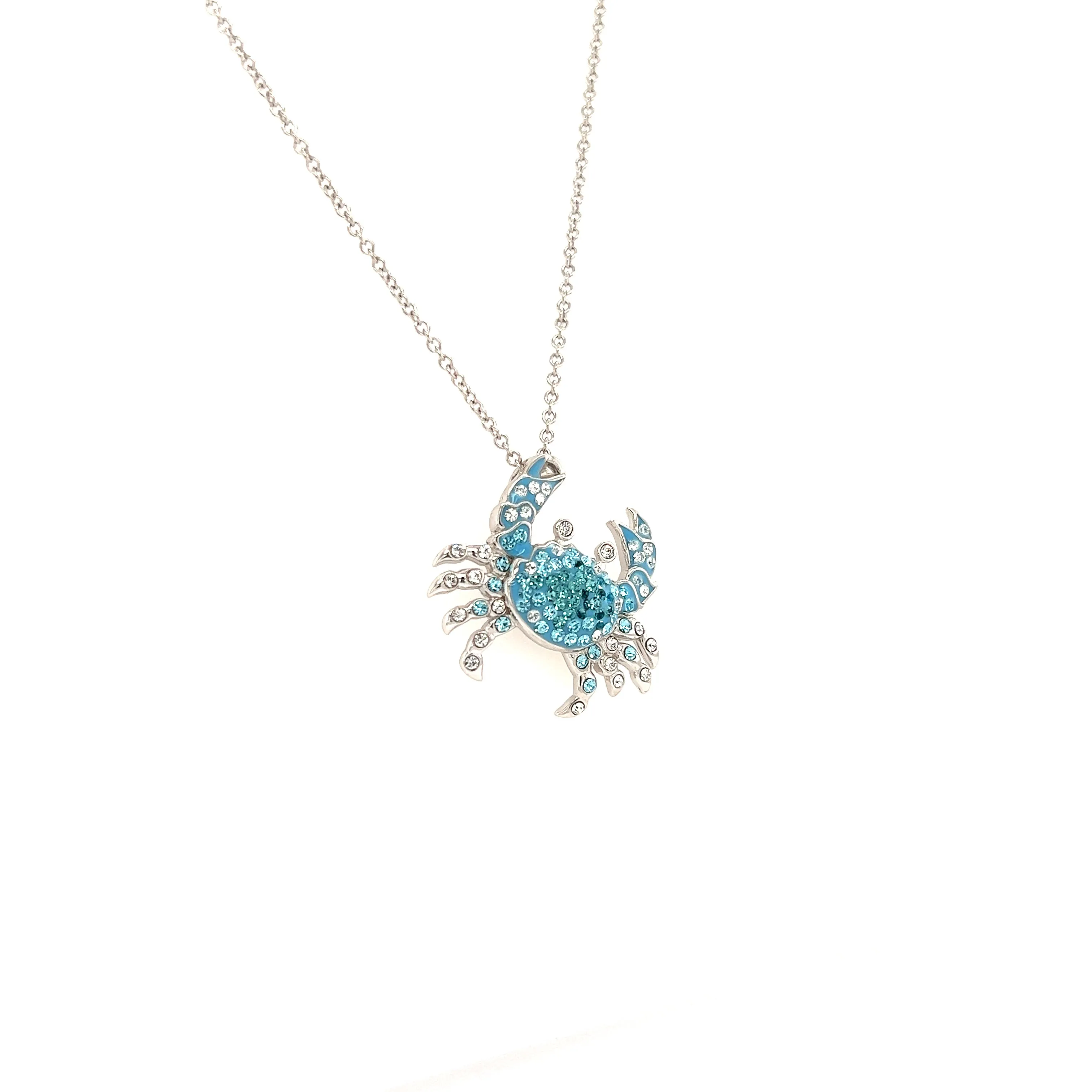 Blue Crab Necklace with Aqua and White Crystals in Sterling Silver