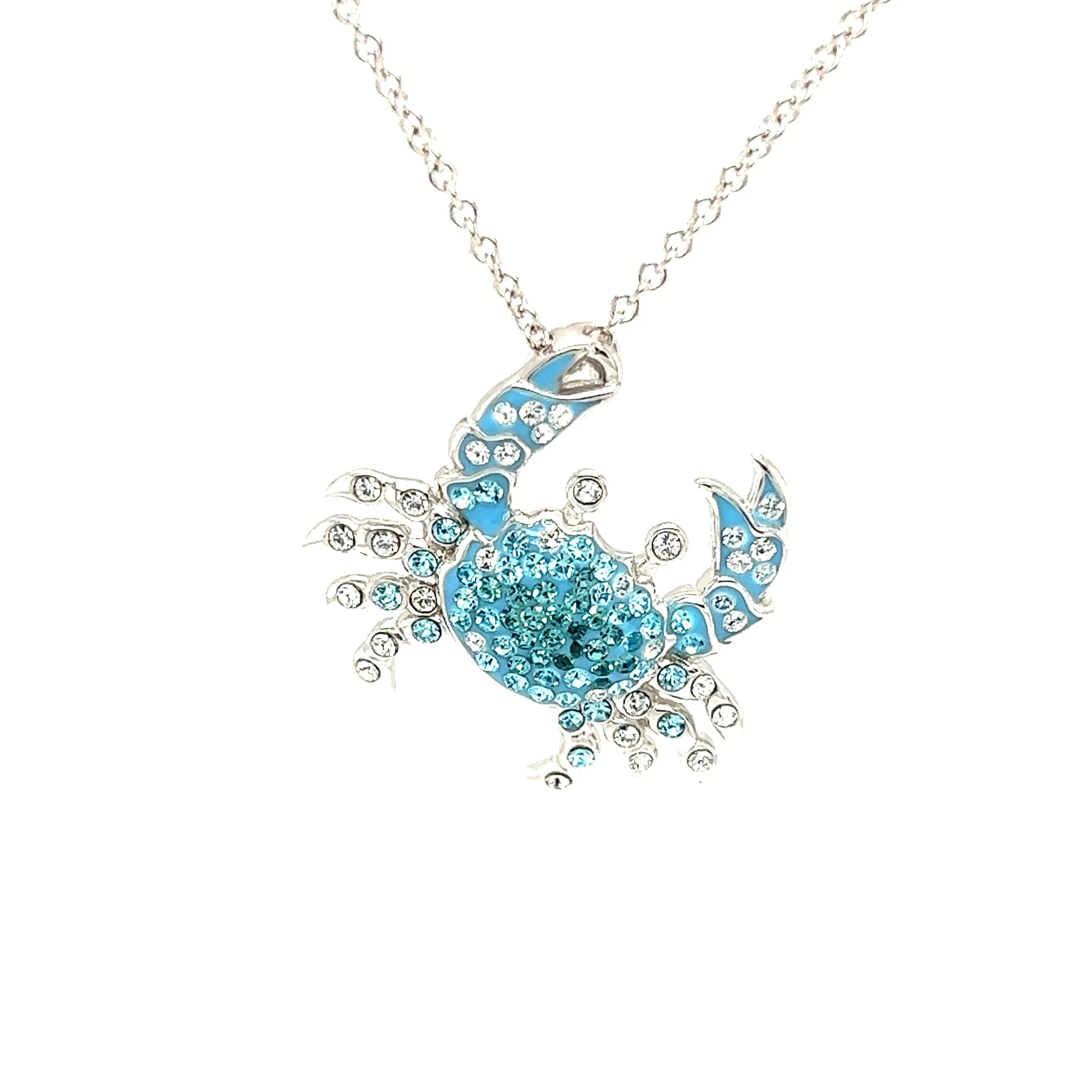 Blue Crab Necklace with Aqua and White Crystals in Sterling Silver