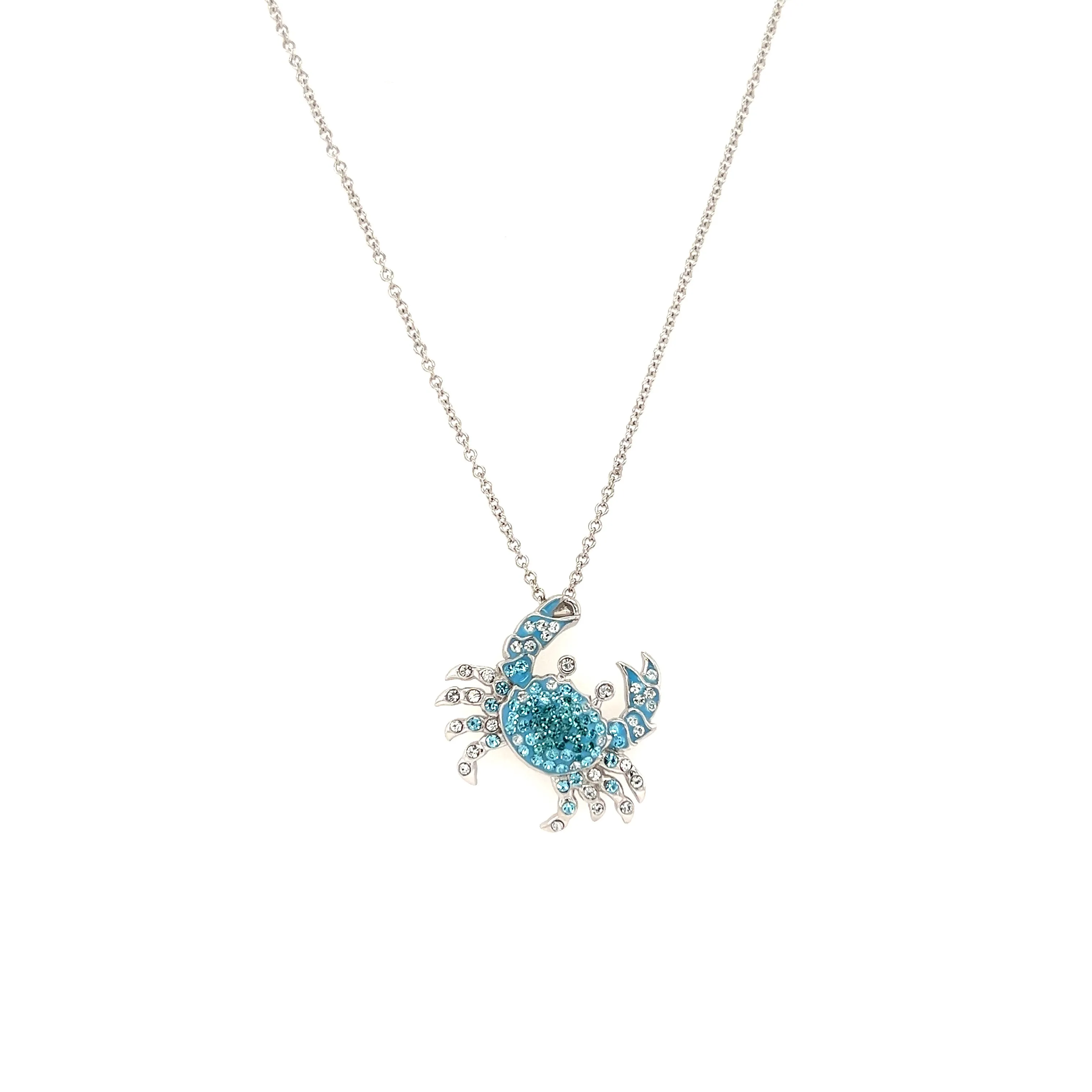 Blue Crab Necklace with Aqua and White Crystals in Sterling Silver