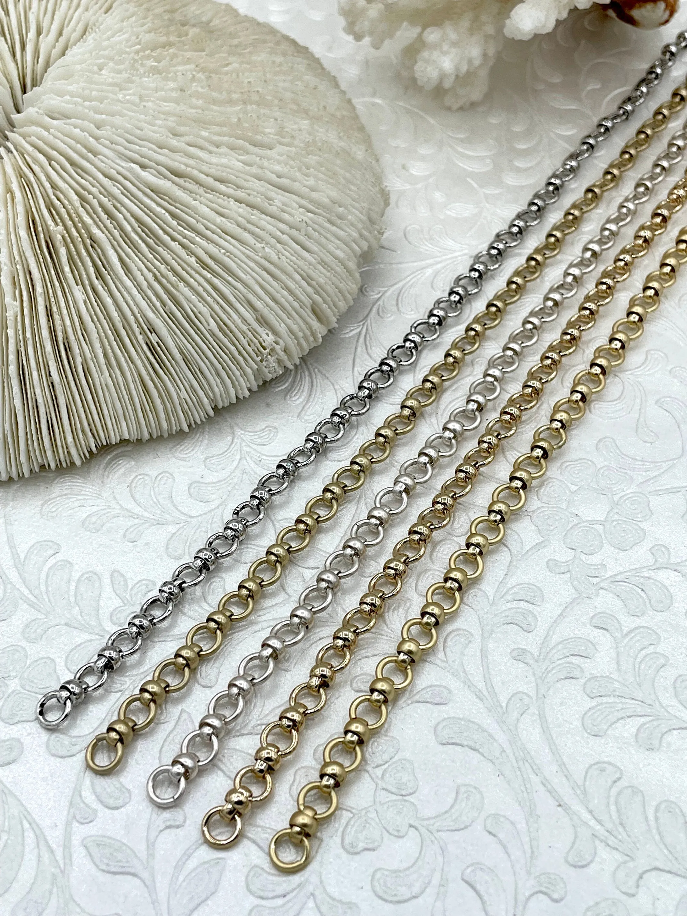 Brass Mixed Link Small Cable Chain Round sold by the foot. 6mm round.  Electroplated brass, 5 Finishes Fast ship