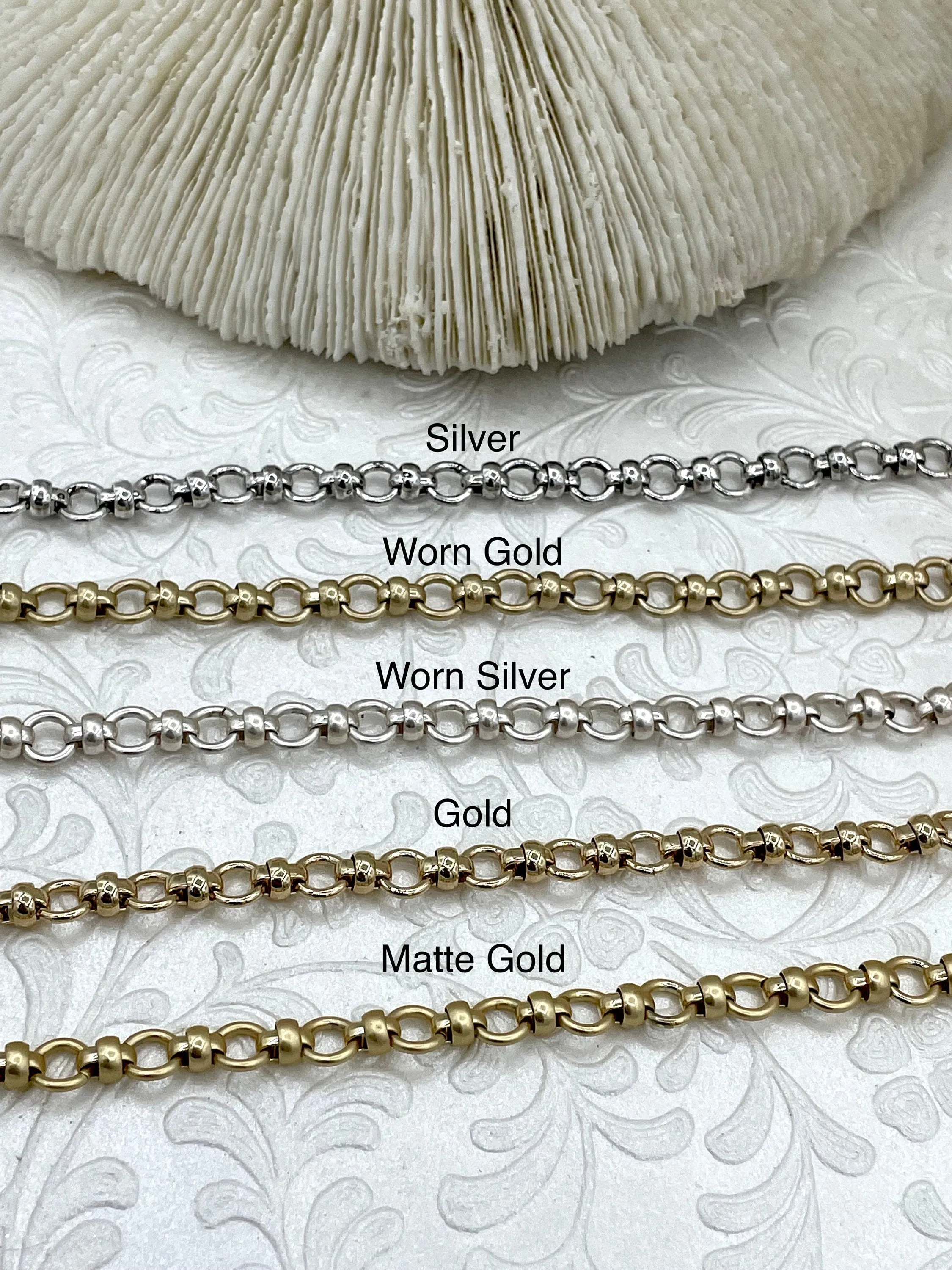 Brass Mixed Link Small Cable Chain Round sold by the foot. 6mm round.  Electroplated brass, 5 Finishes Fast ship