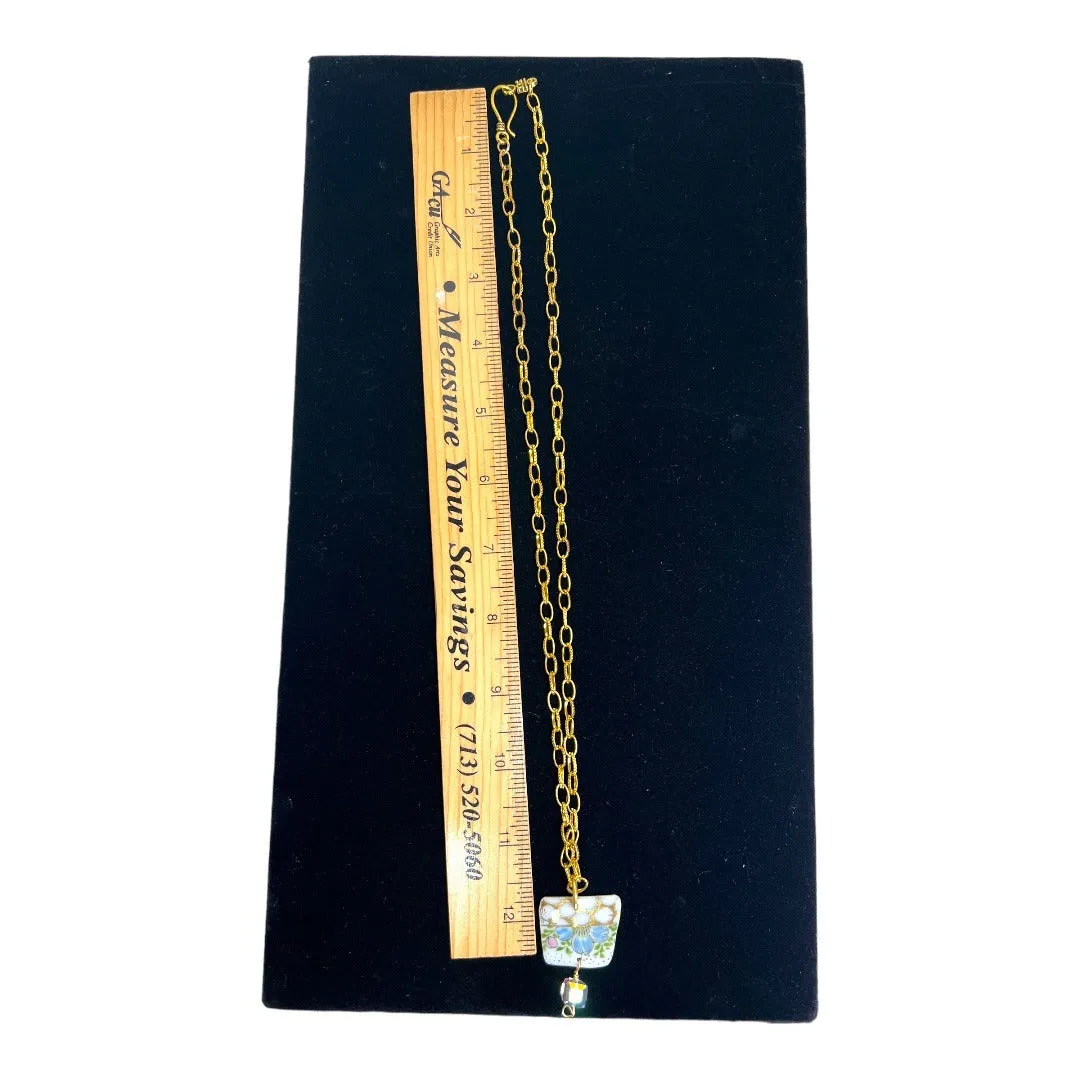 Broken China Pendant Necklace & Earrings Set With Gold Tone Chain & Crystal Bead