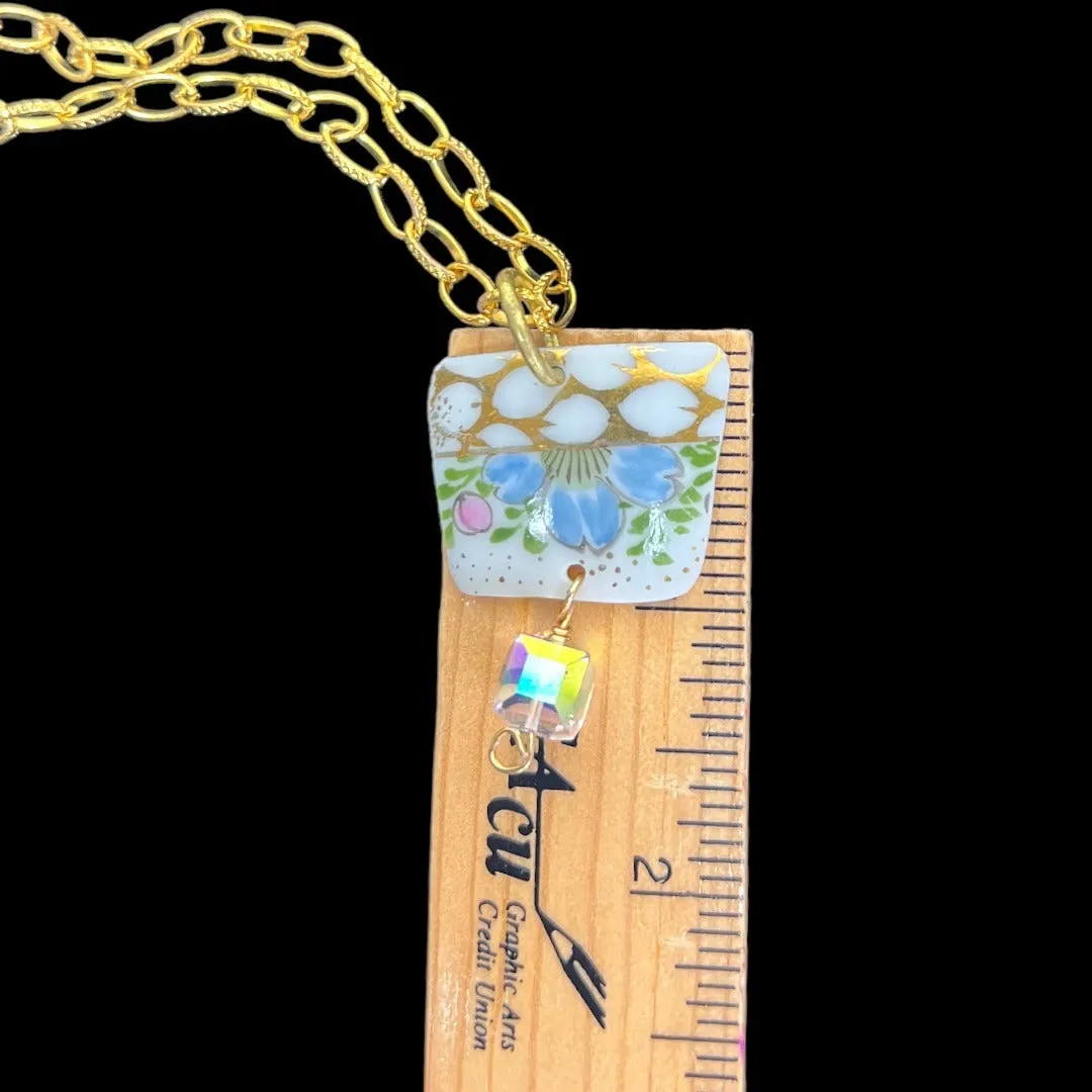 Broken China Pendant Necklace & Earrings Set With Gold Tone Chain & Crystal Bead