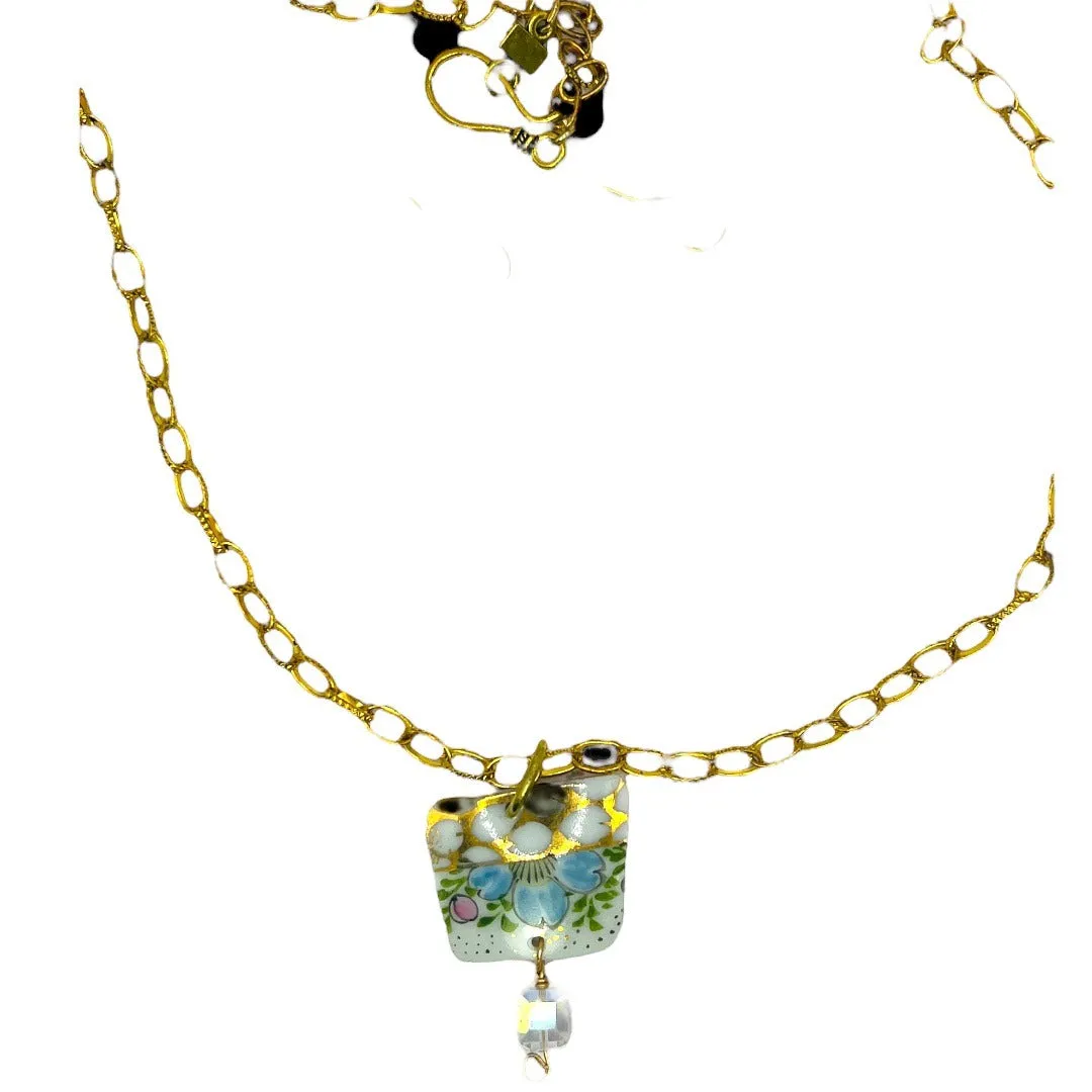 Broken China Pendant Necklace & Earrings Set With Gold Tone Chain & Crystal Bead