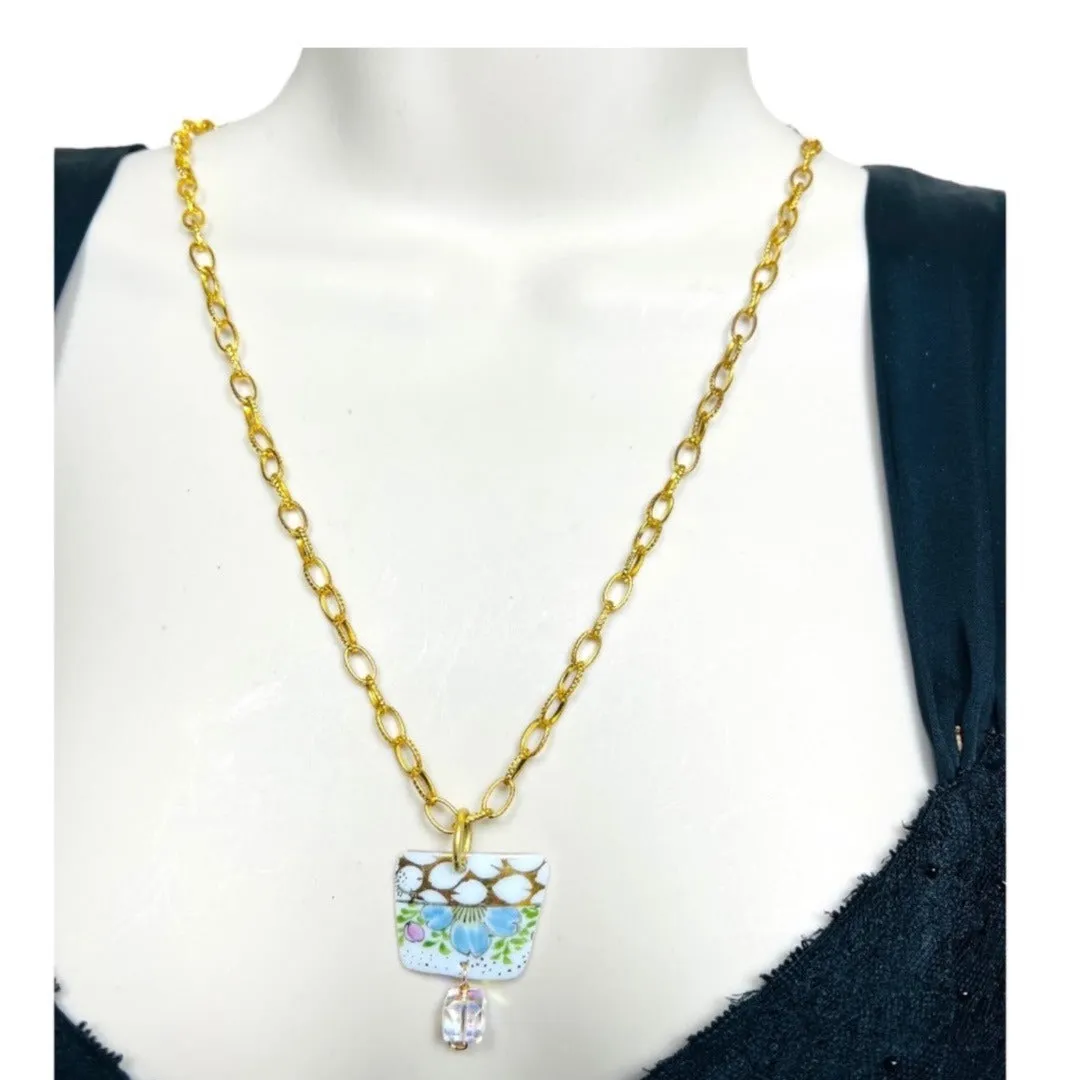 Broken China Pendant Necklace & Earrings Set With Gold Tone Chain & Crystal Bead