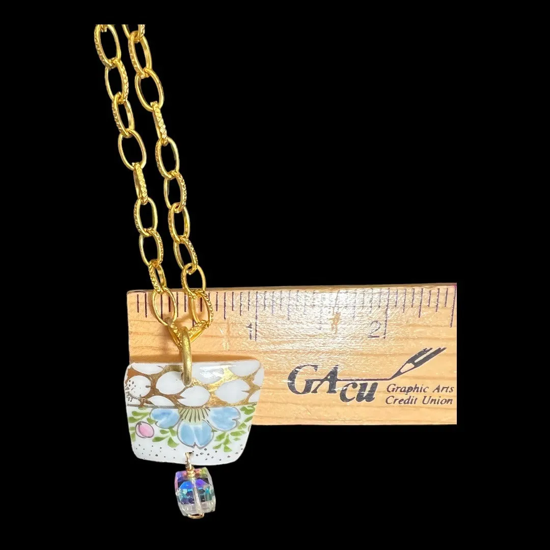 Broken China Pendant Necklace & Earrings Set With Gold Tone Chain & Crystal Bead