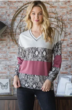 Charcoal/Magenta Snake Print Long Sleeve Top - #5235-5240