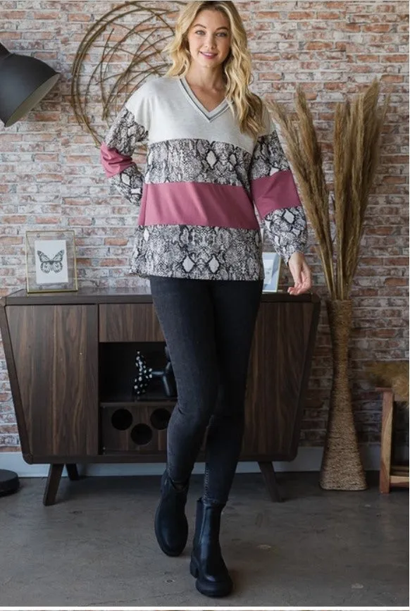 Charcoal/Magenta Snake Print Long Sleeve Top - #5235-5240