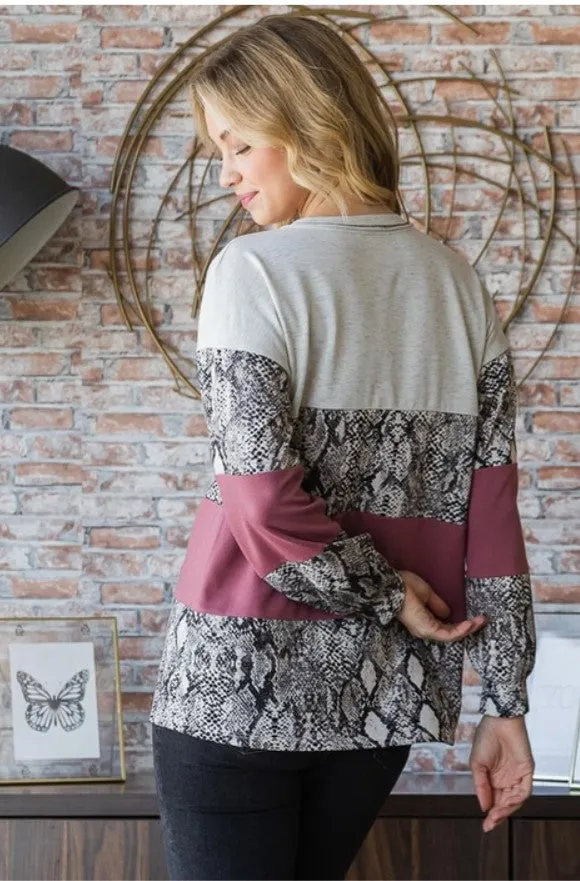 Charcoal/Magenta Snake Print Long Sleeve Top - #5235-5240