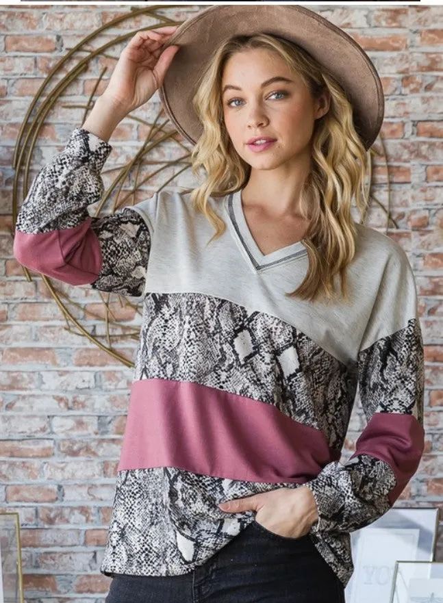 Charcoal/Magenta Snake Print Long Sleeve Top - #5235-5240