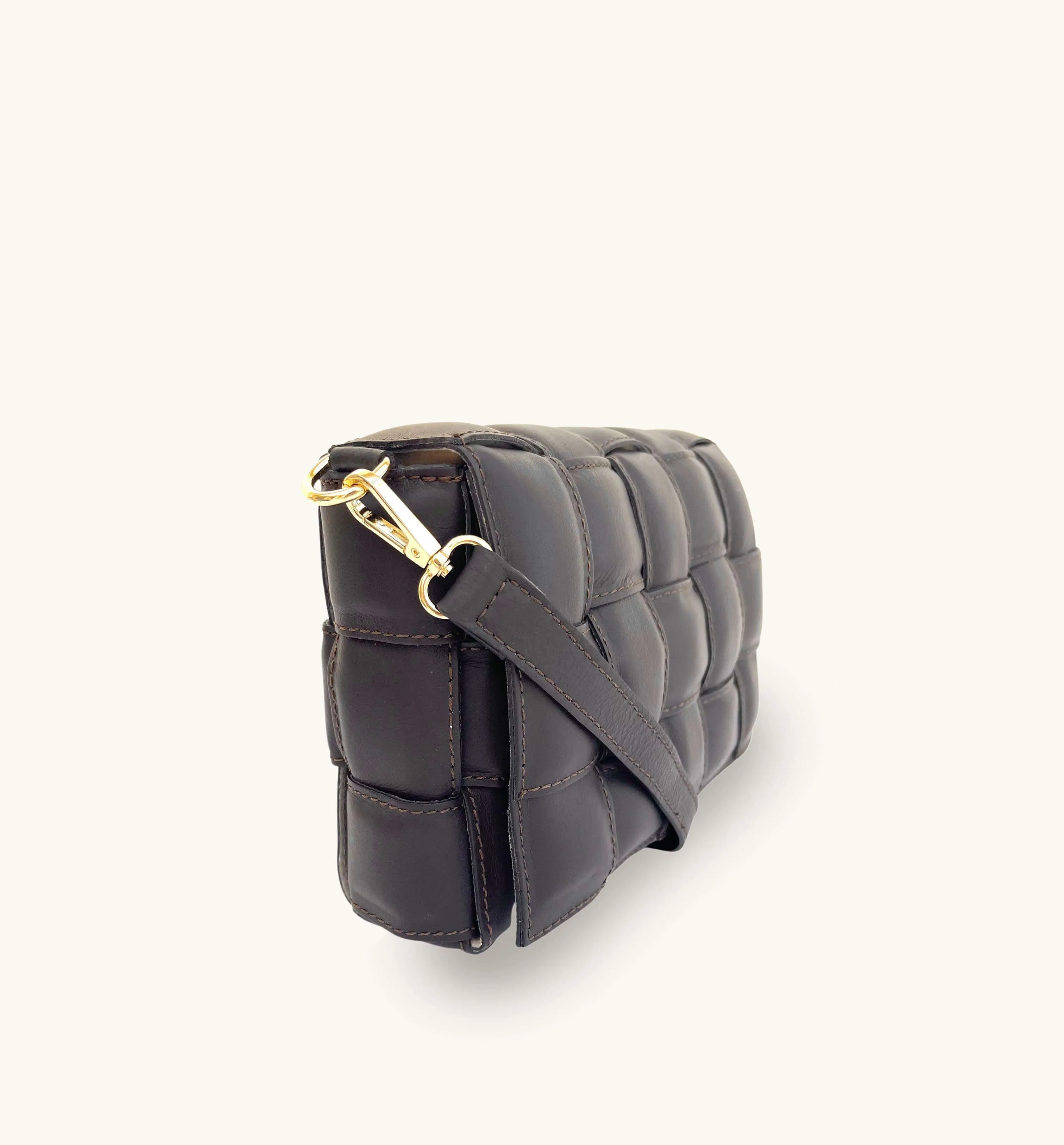 Chocolate Padded Woven Leather Crossbody Bag