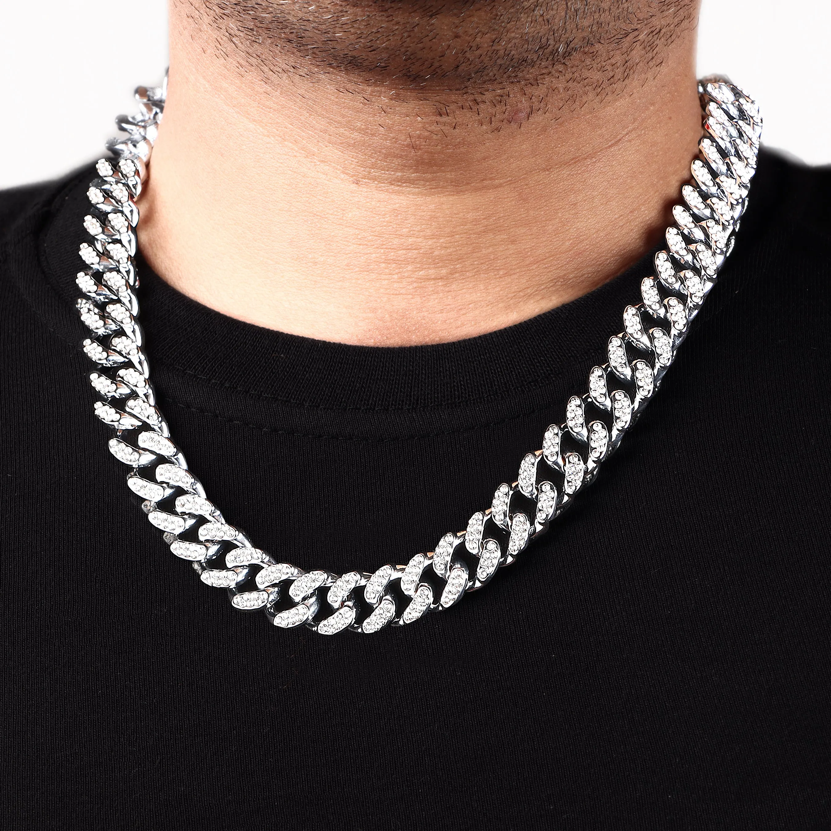 Contemporary Rhinestone Silver Plated Cuban Chain For Men (Free Size)