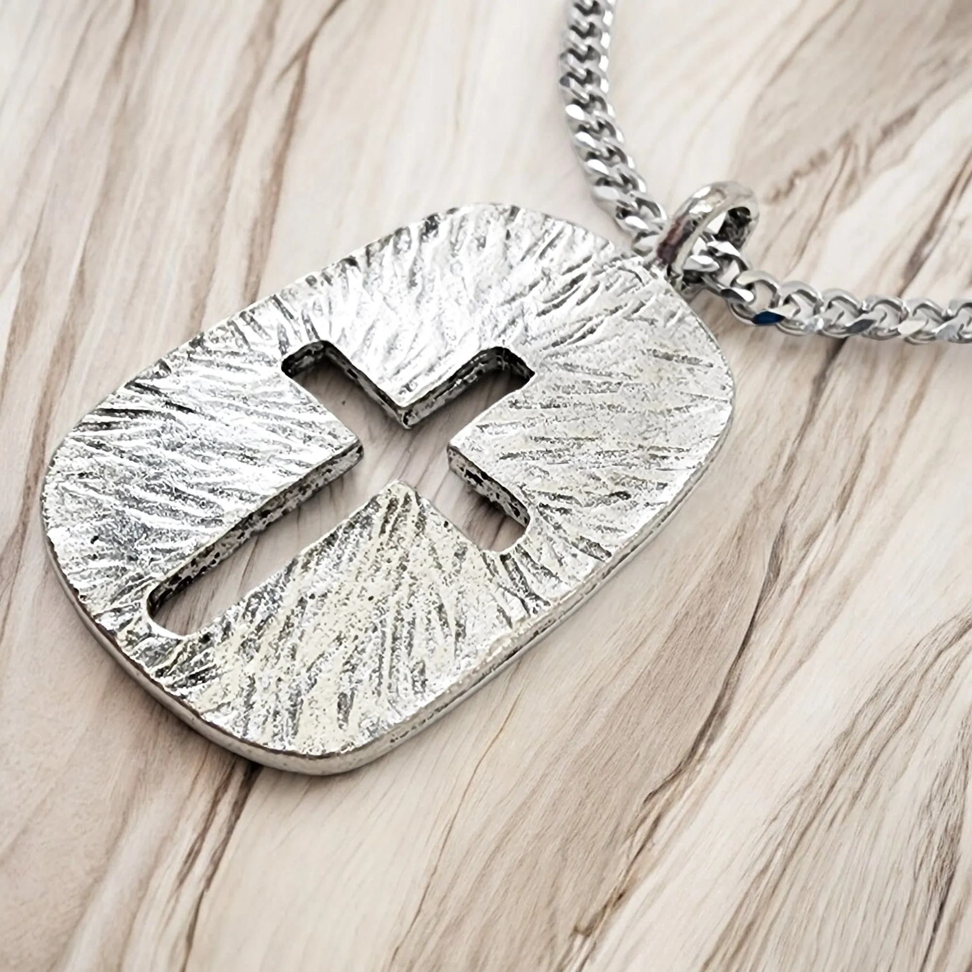 Cross Tag Hammered Texture Double Sided Antique Silver Metal Finish Chain Necklace
