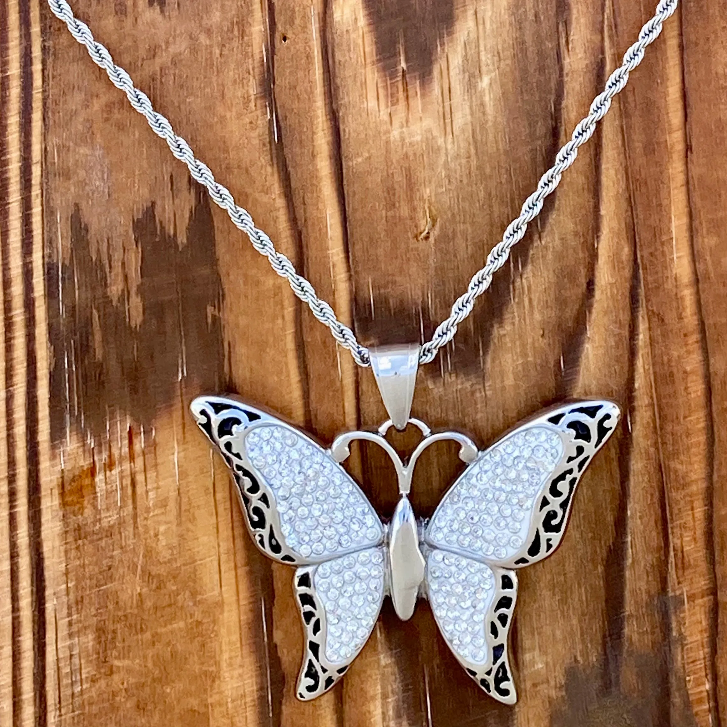 Crystal Butterfly - White - Pendant - Rope Necklace or Omega - SK2581