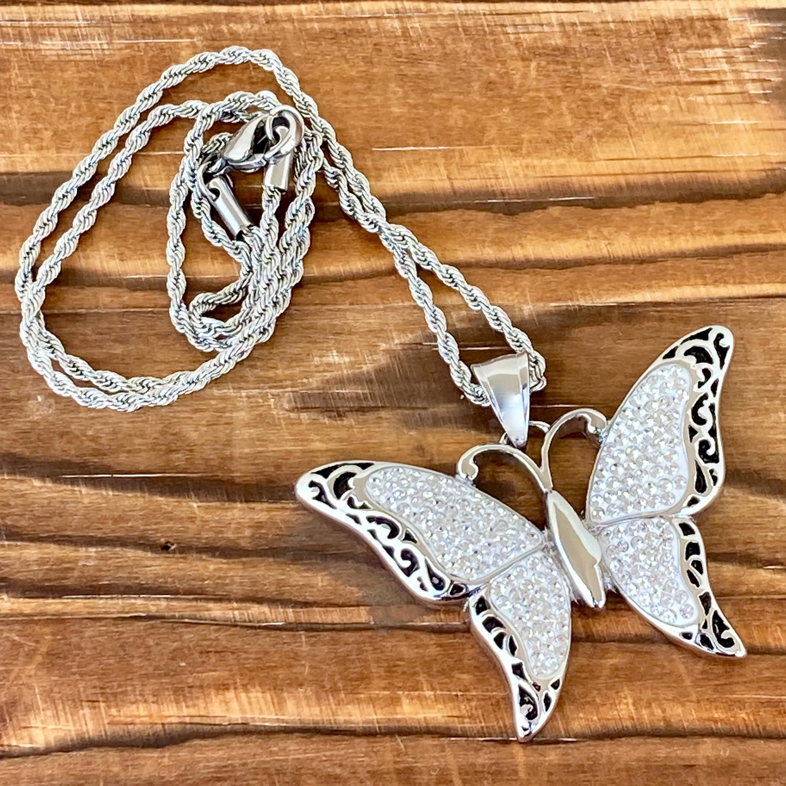 Crystal Butterfly - White - Pendant - Rope Necklace or Omega - SK2581