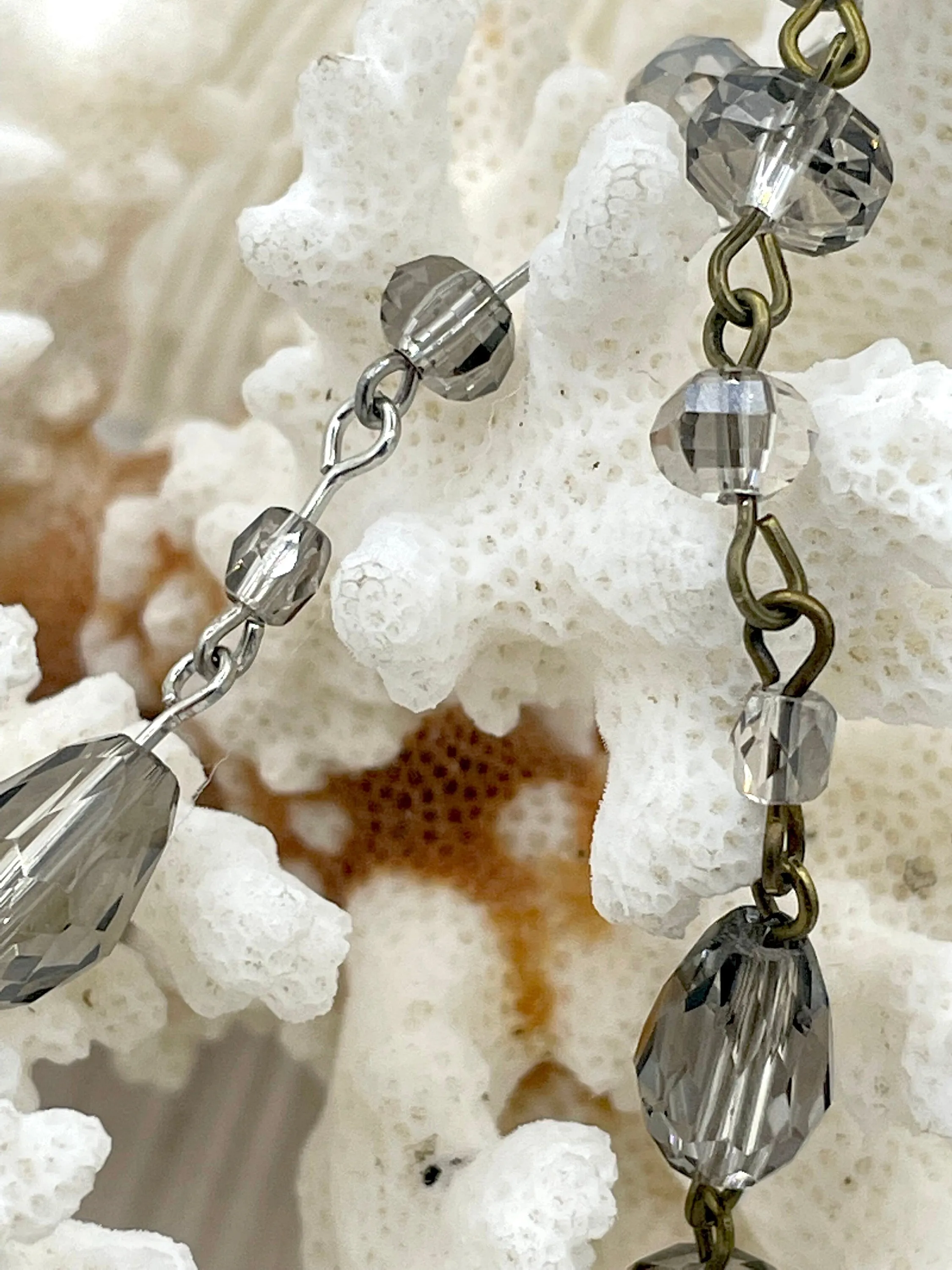 Crystal Transparent Gray mixed shape Rosary,  faceted glass beads, Beaded Chain Gold,Silver or Gunmetal, pin 1 Meter (39 ") Fast Ship