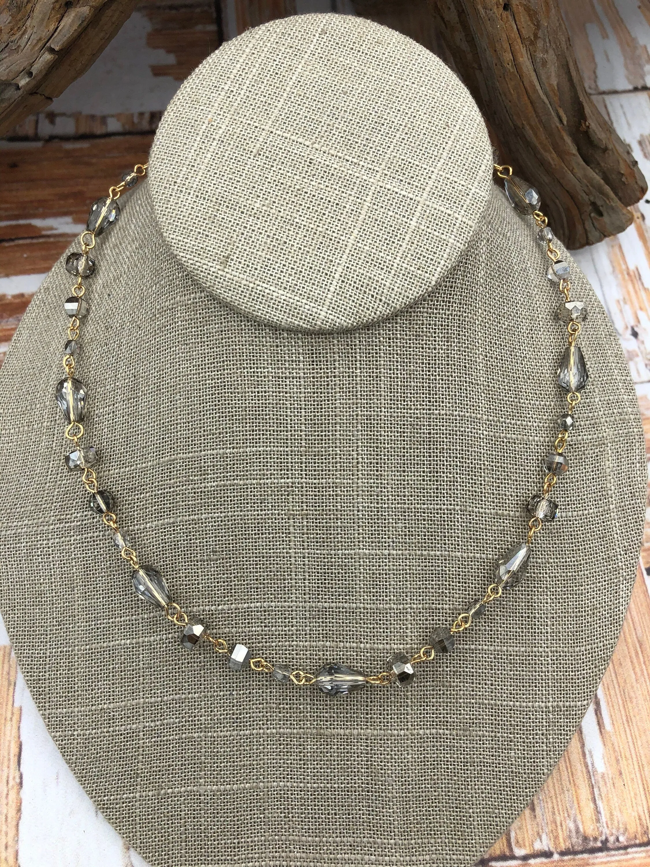 Crystal Transparent Gray mixed shape Rosary,  faceted glass beads, Beaded Chain Gold,Silver or Gunmetal, pin 1 Meter (39 ") Fast Ship