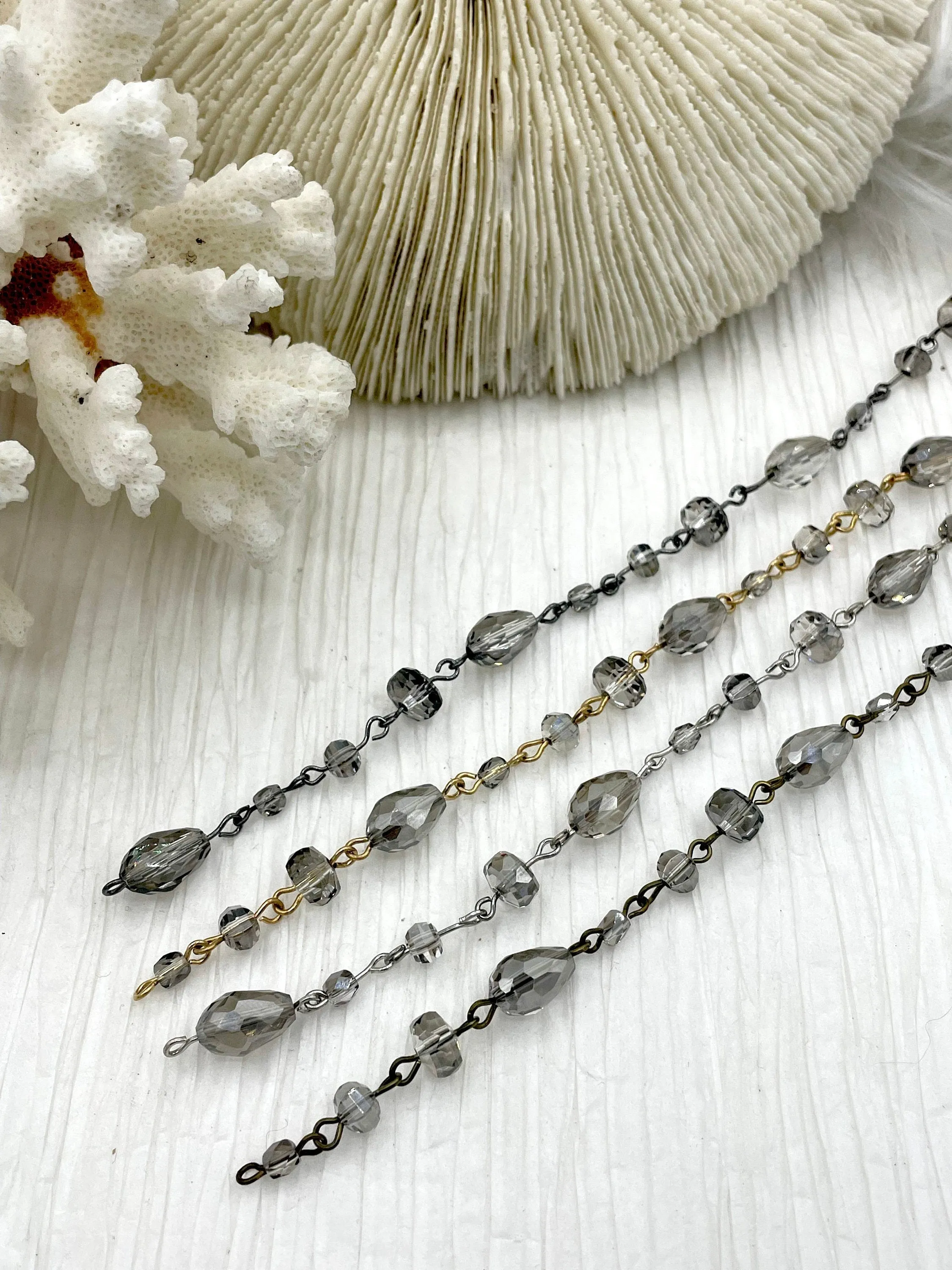 Crystal Transparent Gray mixed shape Rosary,  faceted glass beads, Beaded Chain Gold,Silver or Gunmetal, pin 1 Meter (39 ") Fast Ship
