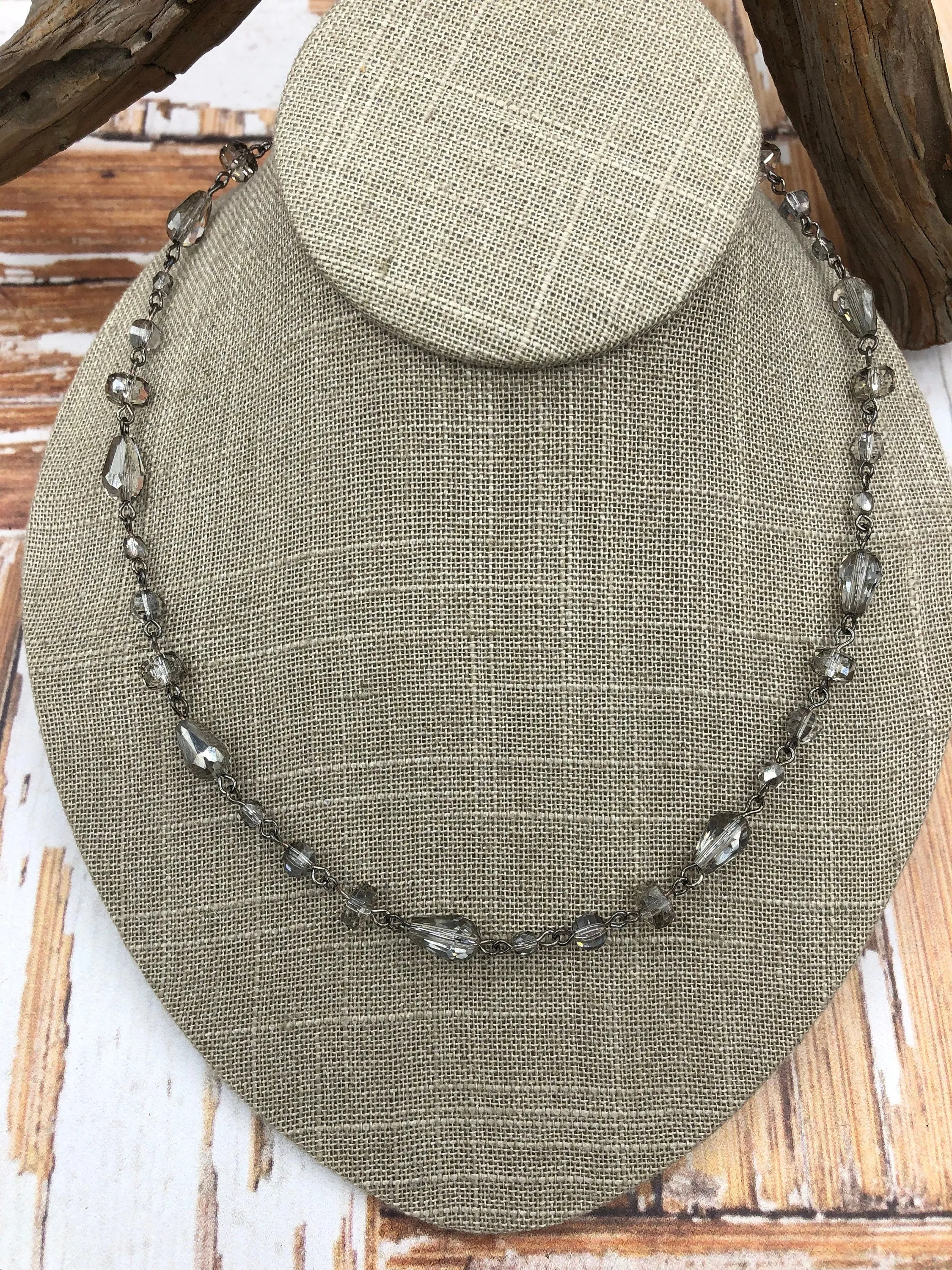Crystal Transparent Gray mixed shape Rosary,  faceted glass beads, Beaded Chain Gold,Silver or Gunmetal, pin 1 Meter (39 ") Fast Ship