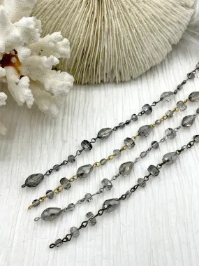 Crystal Transparent Gray mixed shape Rosary,  faceted glass beads, Beaded Chain Gold,Silver or Gunmetal, pin 1 Meter (39 ") Fast Ship