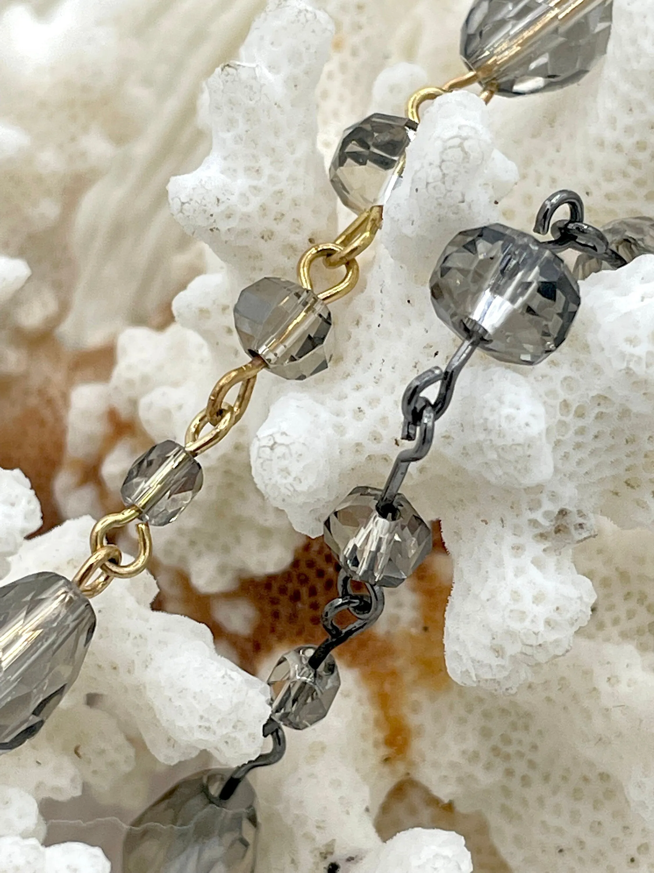 Crystal Transparent Gray mixed shape Rosary,  faceted glass beads, Beaded Chain Gold,Silver or Gunmetal, pin 1 Meter (39 ") Fast Ship