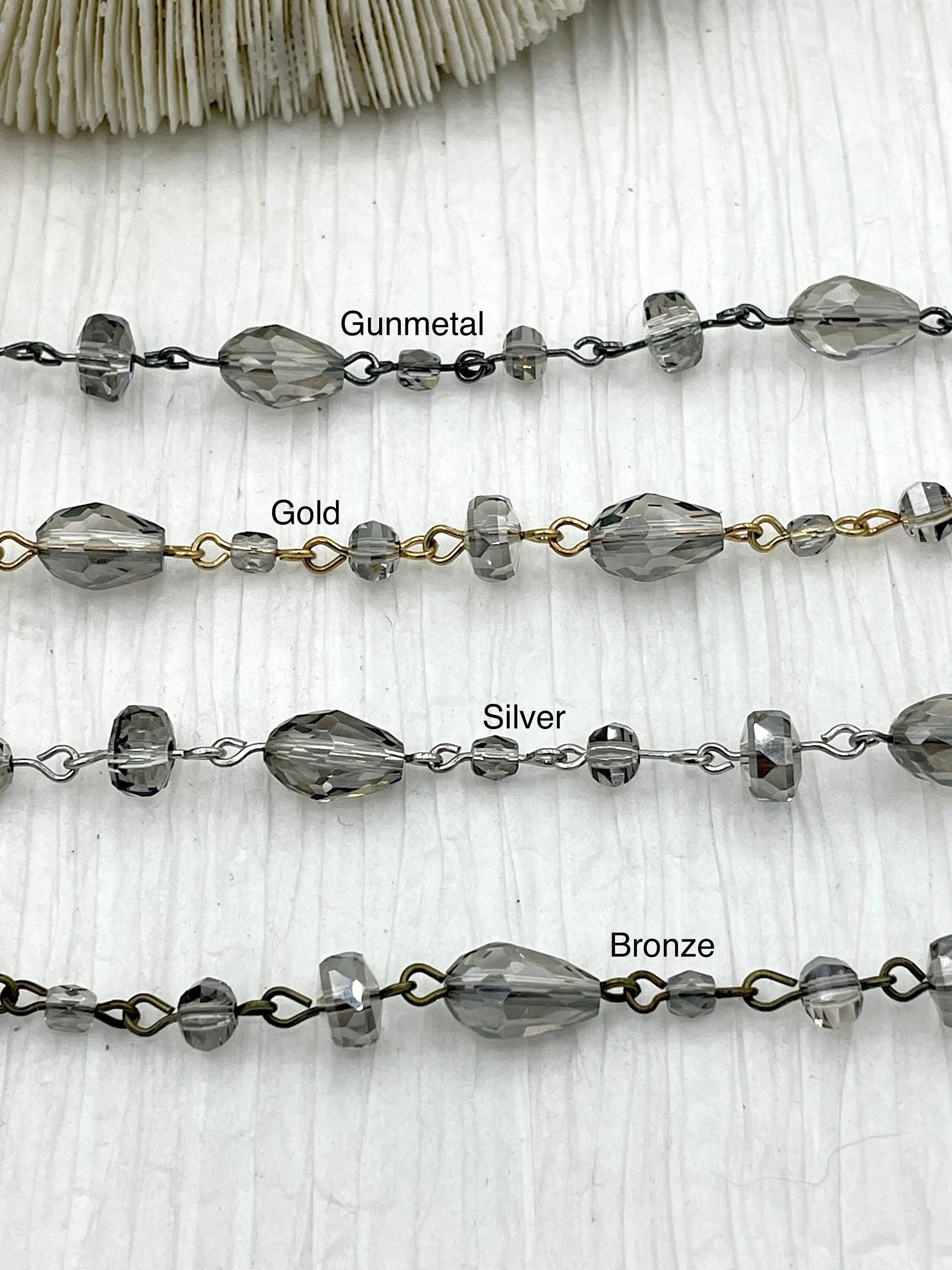 Crystal Transparent Gray mixed shape Rosary,  faceted glass beads, Beaded Chain Gold,Silver or Gunmetal, pin 1 Meter (39 ") Fast Ship