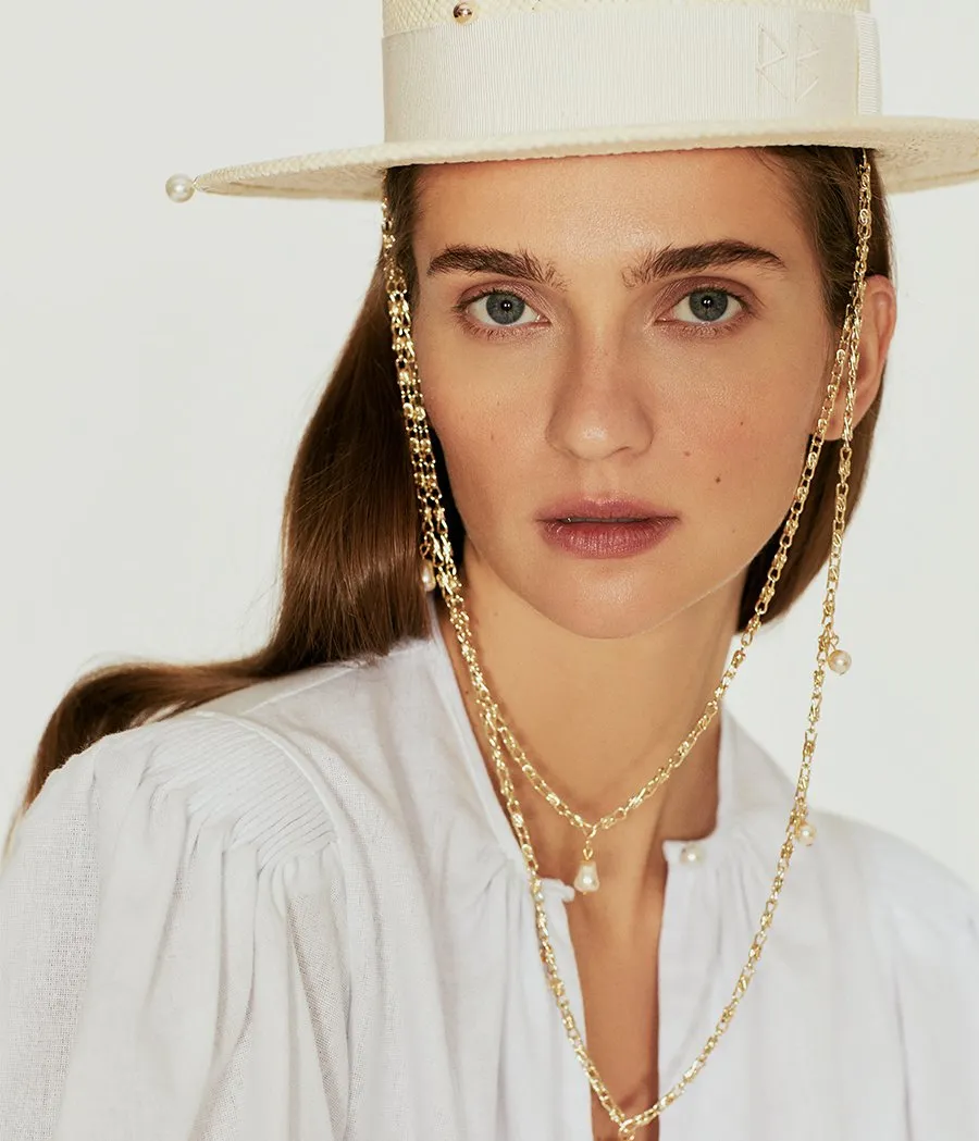 Double Chain Strap Straw Boater Hat