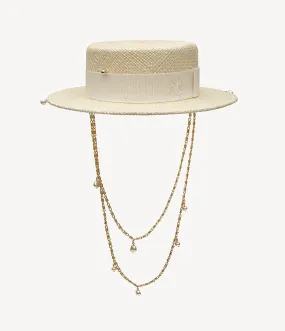 Double Chain Strap Straw Boater Hat