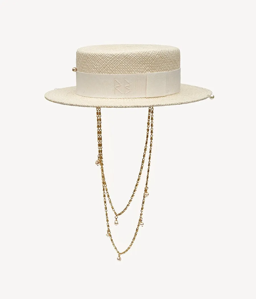Double Chain Strap Straw Boater Hat
