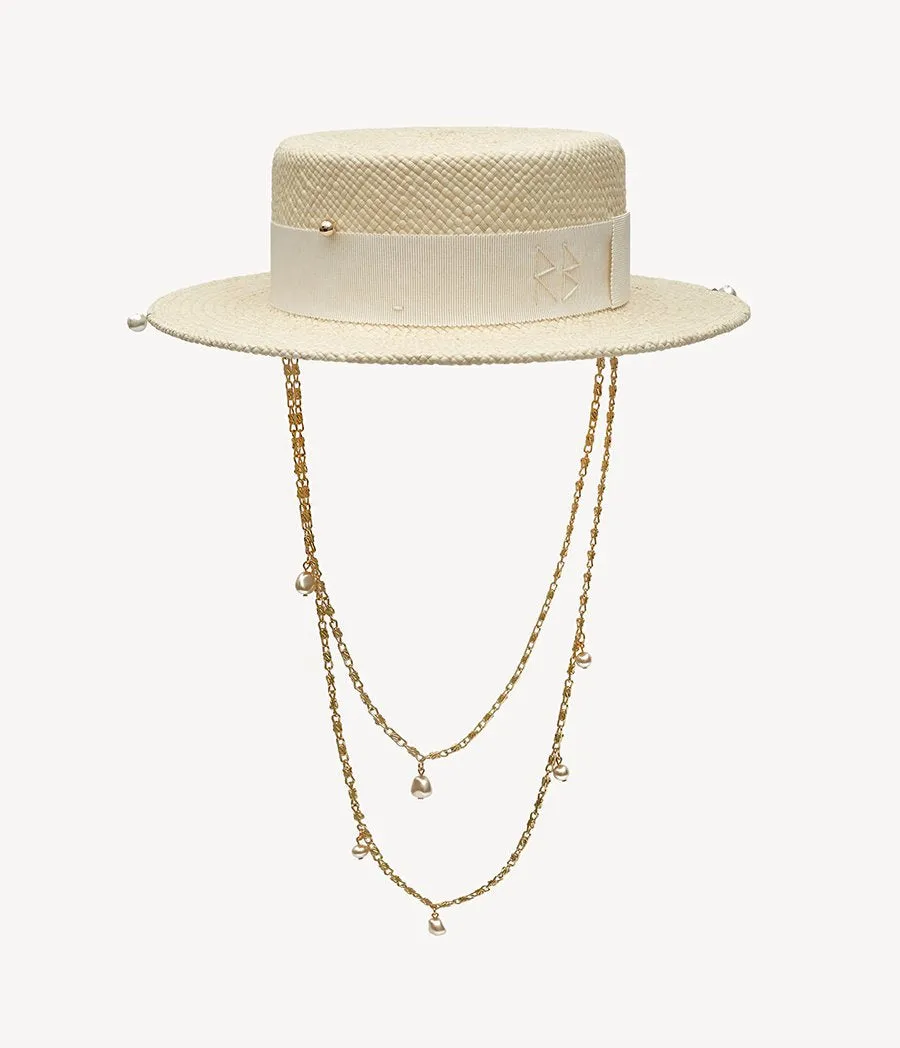 Double Chain Strap Straw Boater Hat
