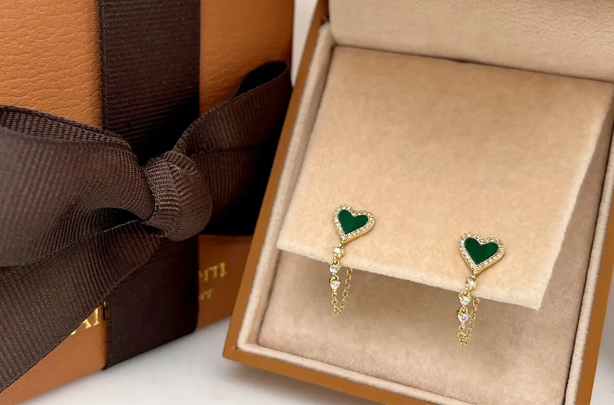 Earrings 14kt Gold Malachite Hearts Chain & Outline Diamonds