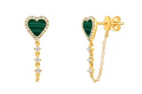 Earrings 14kt Gold Malachite Hearts Chain & Outline Diamonds