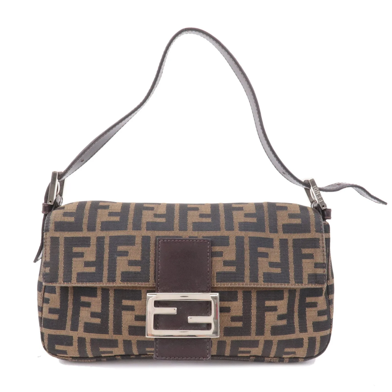 FENDI Mamma Baguette Zucca Canvas Leather Bag Brown 26424