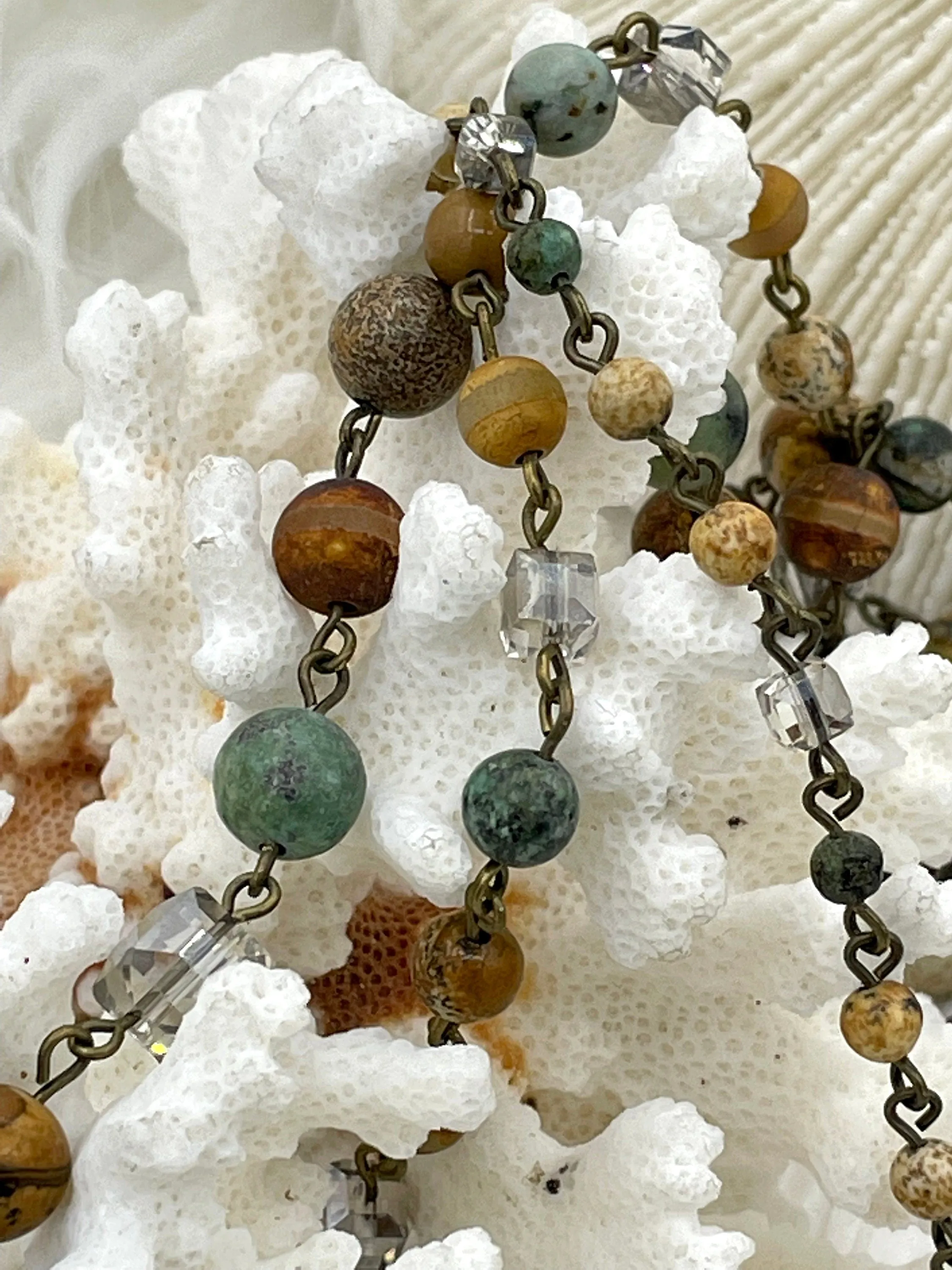 Gemstone Crystal mix Rosary. African Turquoise,Picture Jasper, Agate, Beaded Chain 8mm, 6mm, 4mm 3 pin colors 1 Meter (39 ") Fast Ship