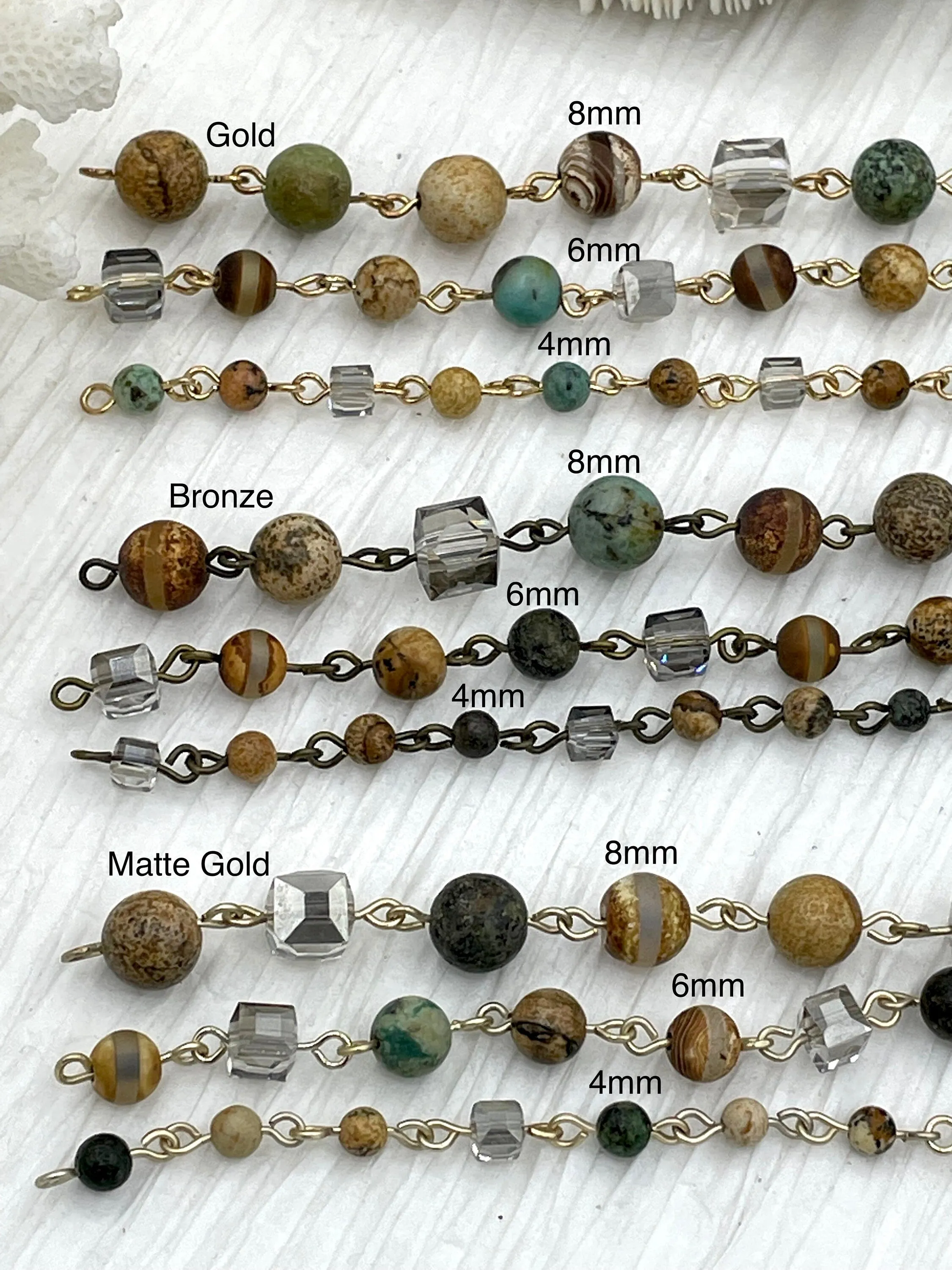 Gemstone Crystal mix Rosary. African Turquoise,Picture Jasper, Agate, Beaded Chain 8mm, 6mm, 4mm 3 pin colors 1 Meter (39 ") Fast Ship