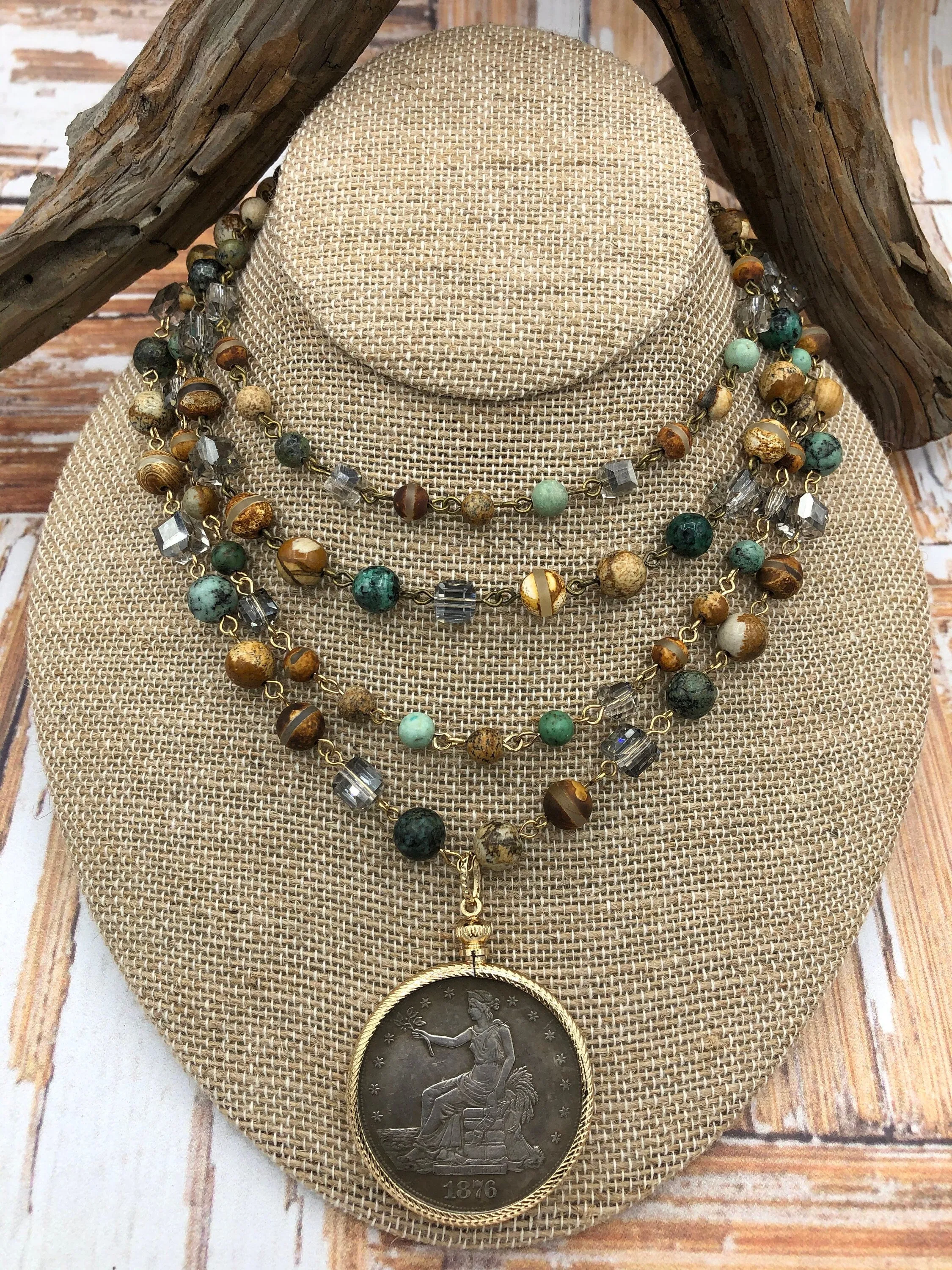 Gemstone Crystal mix Rosary. African Turquoise,Picture Jasper, Agate, Beaded Chain 8mm, 6mm, 4mm 3 pin colors 1 Meter (39 ") Fast Ship