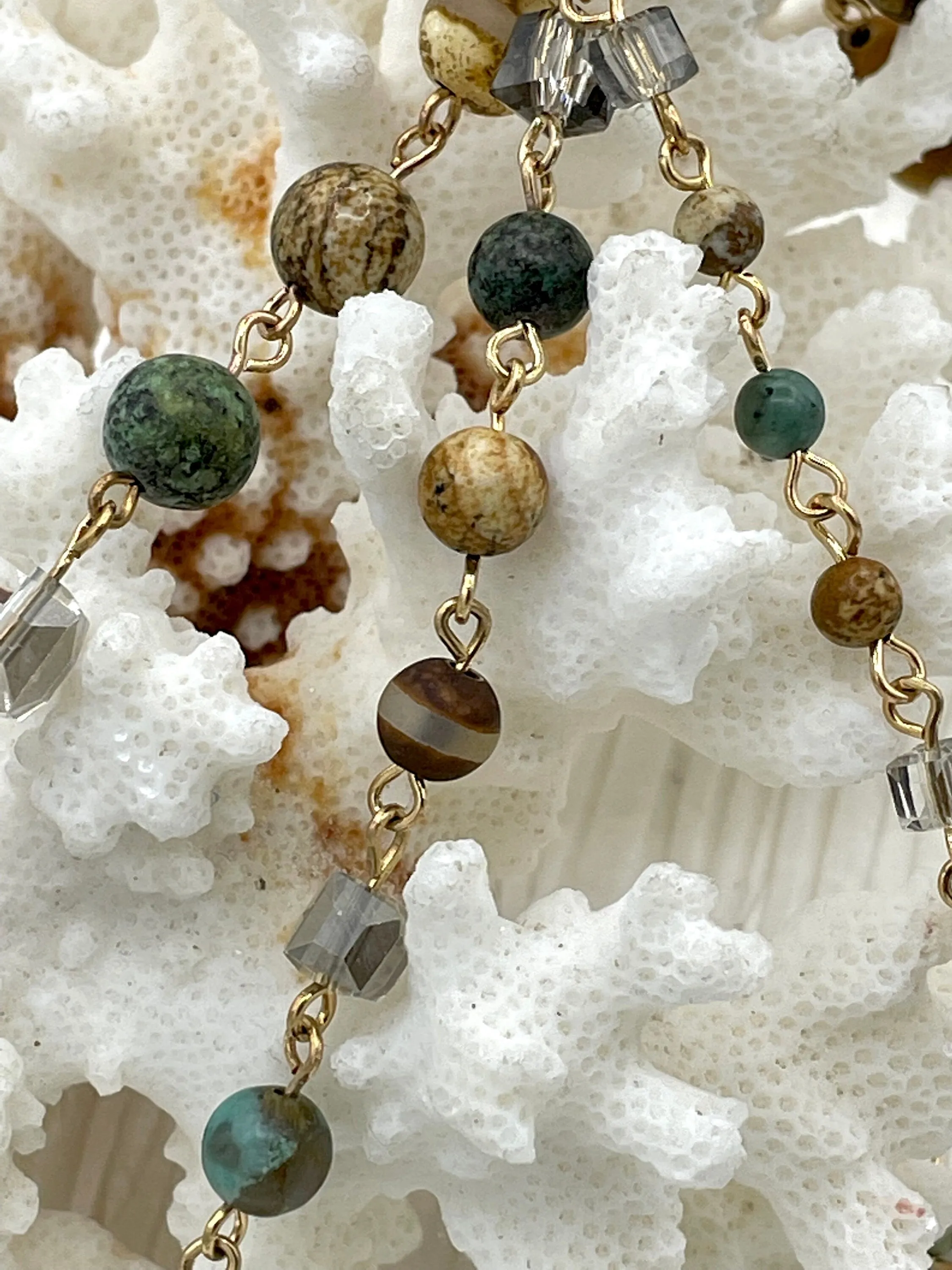 Gemstone Crystal mix Rosary. African Turquoise,Picture Jasper, Agate, Beaded Chain 8mm, 6mm, 4mm 3 pin colors 1 Meter (39 ") Fast Ship