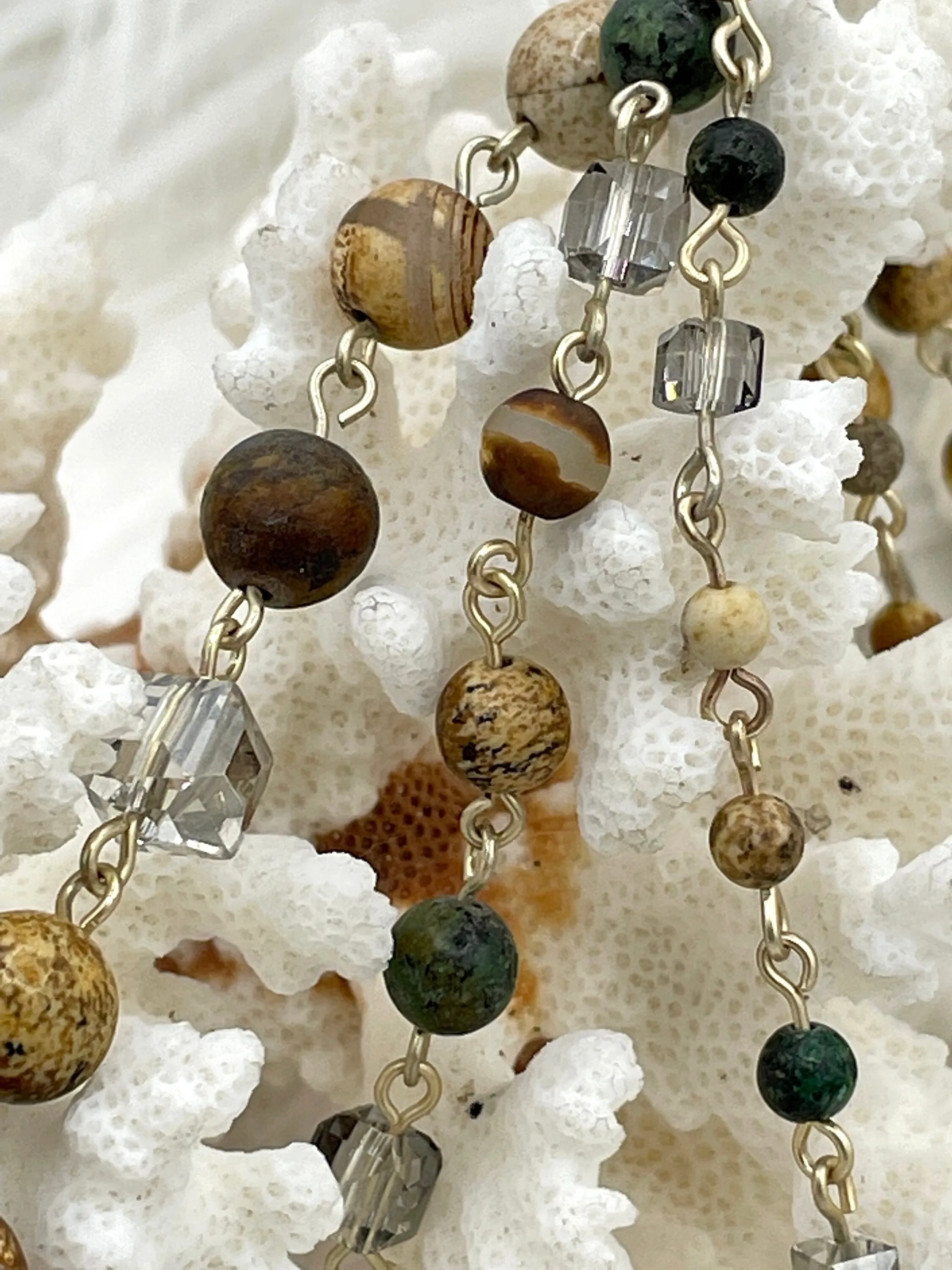 Gemstone Crystal mix Rosary. African Turquoise,Picture Jasper, Agate, Beaded Chain 8mm, 6mm, 4mm 3 pin colors 1 Meter (39 ") Fast Ship