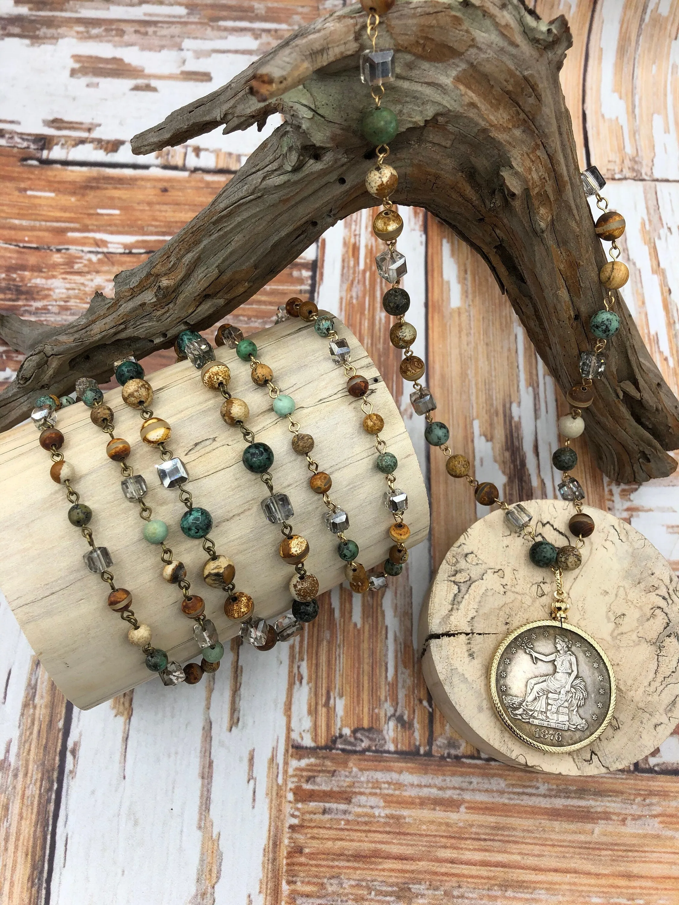 Gemstone Crystal mix Rosary. African Turquoise,Picture Jasper, Agate, Beaded Chain 8mm, 6mm, 4mm 3 pin colors 1 Meter (39 ") Fast Ship